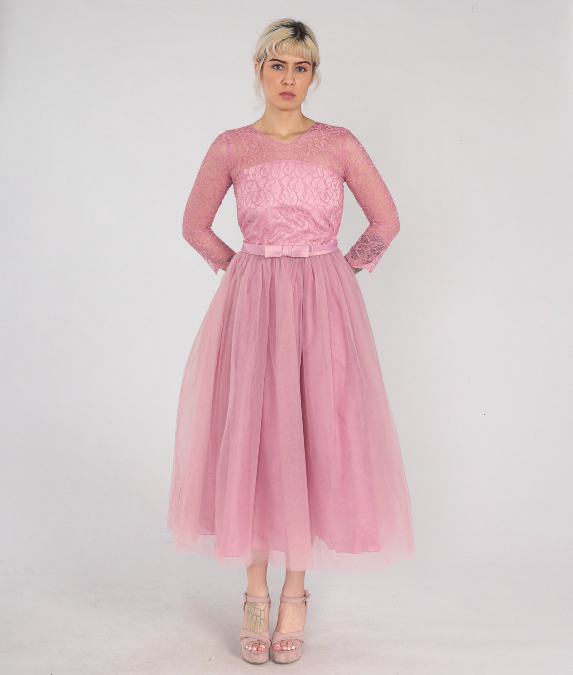 1960s Pink Lace Tulle Midi Dress High Waist Illusion Neckline XXS