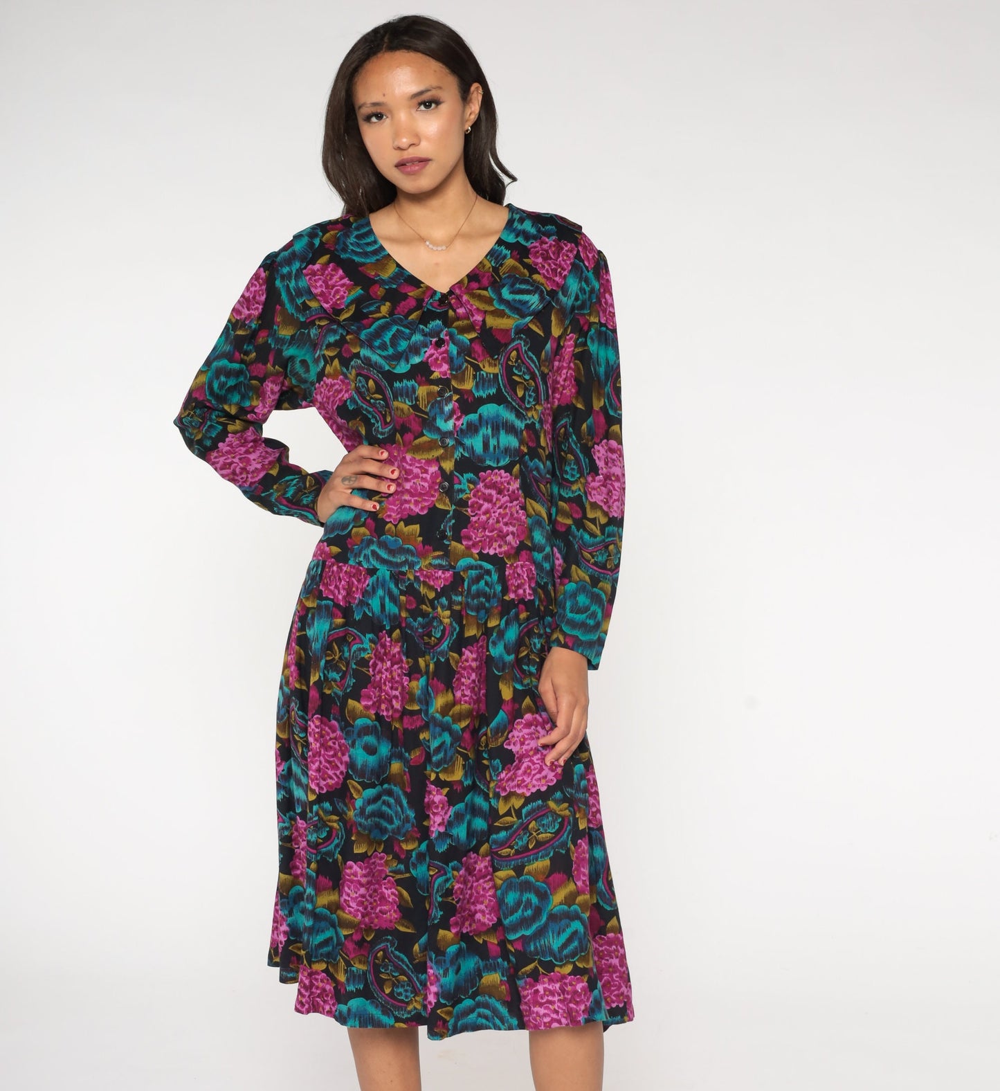 90s Paisley Floral Midi Dress Button-Up Low Waist Blue Purple Rayon Medium