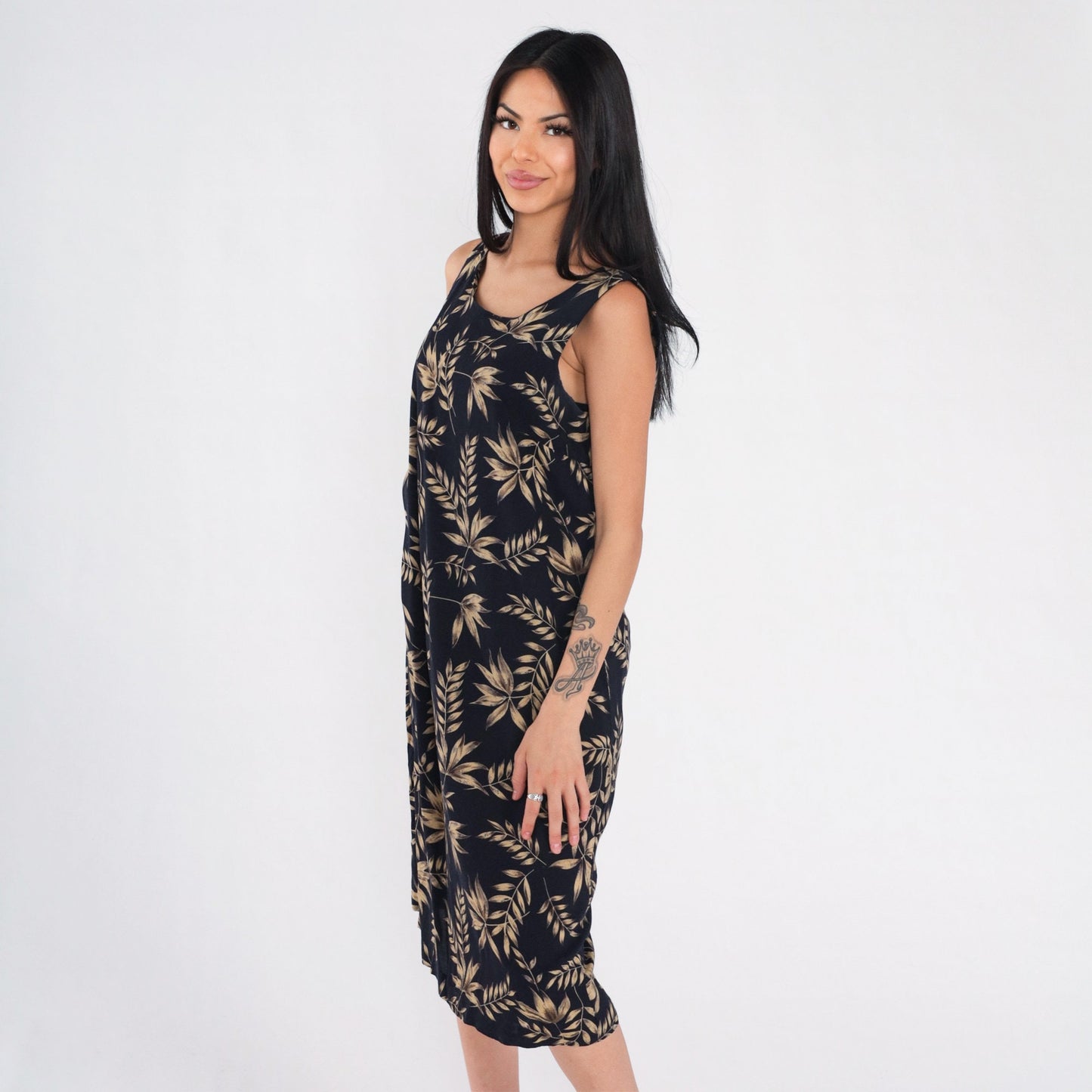 90s Black Leaf Vine Print Sleeveless Dress Knee Length Tank Medium M
