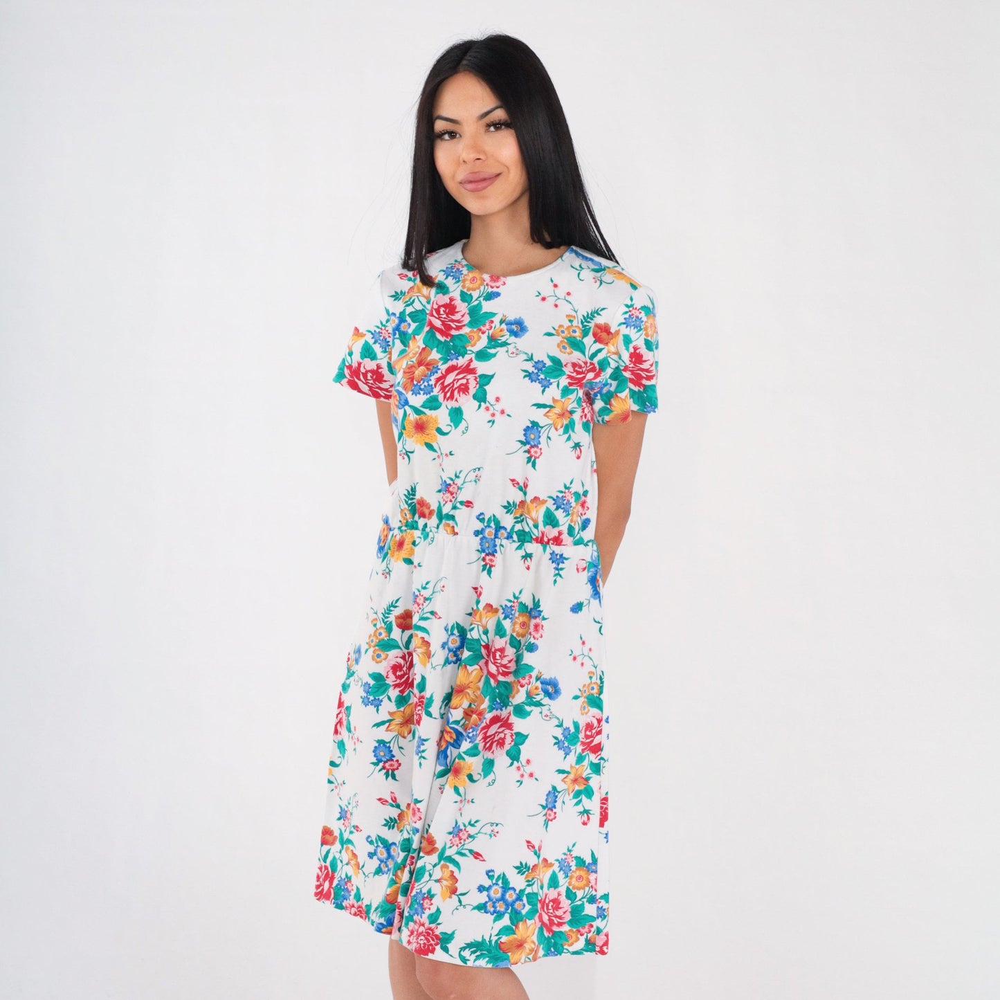 90s White Floral Rose Print Mini Dress High Waisted Short Sleeve Medium Large