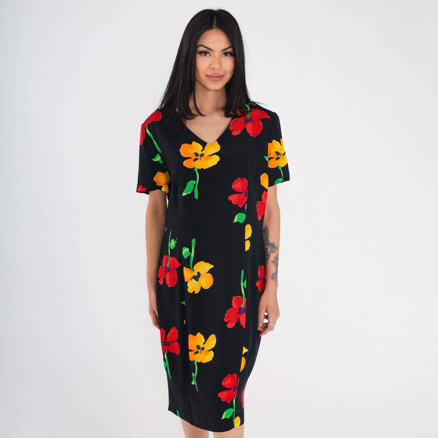 90s Black Poppy Floral Midi Dress Short Sleeve Knee Length Large