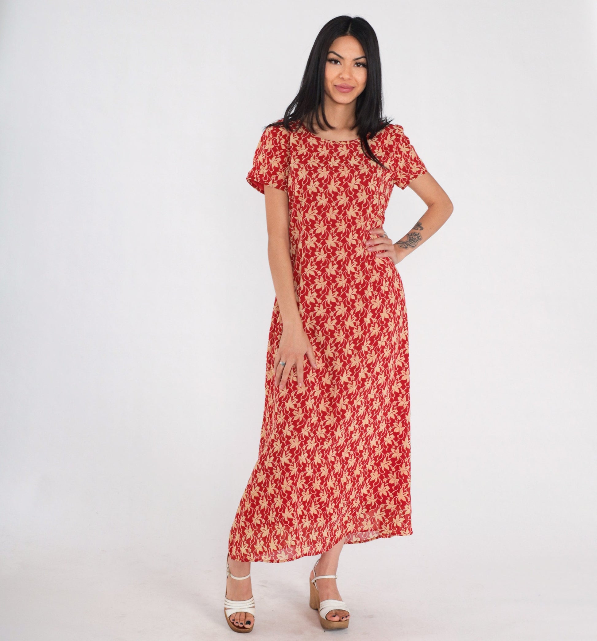90s Red Floral Maxi Dress Short Sleeve Ankle Length Medium M