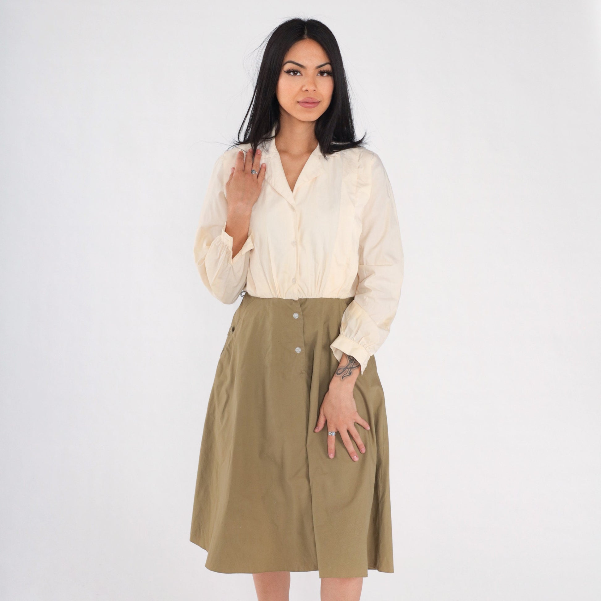 80s Leslie Fay Button-Up Shirtwaist Midi Dress Cream Olive Small