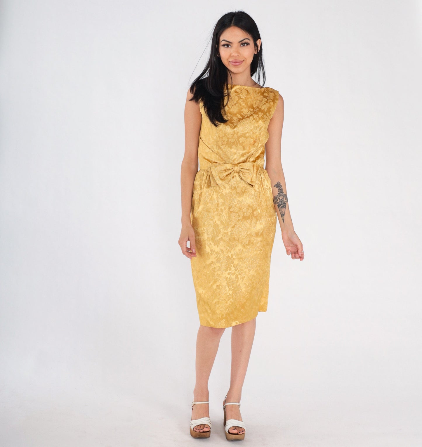 60s Gold Floral Brocade Mini Dress Sleeveless Low Back Bow High Waist Extra Small