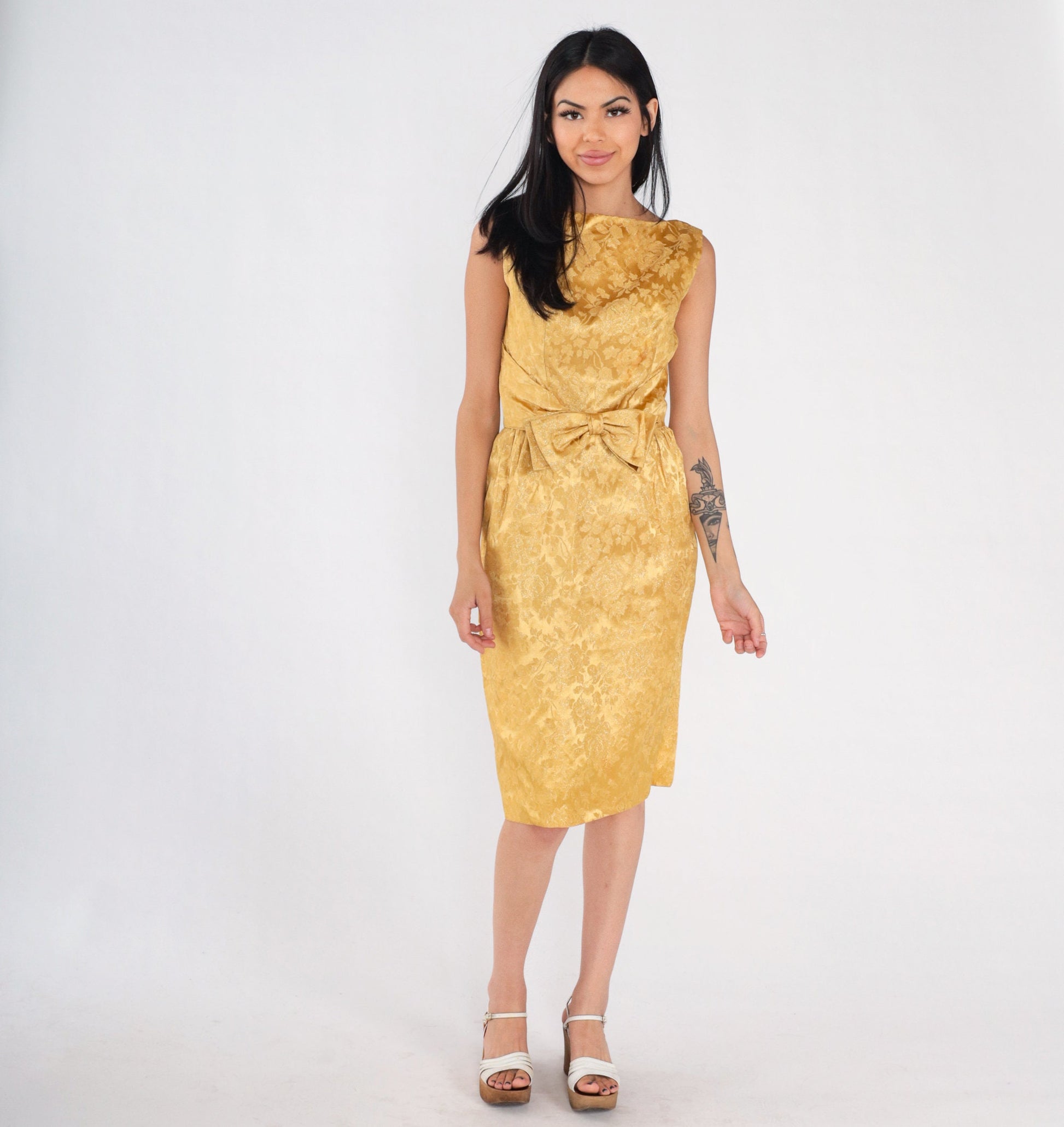 60s Gold Floral Brocade Mini Dress Sleeveless Low Back Bow High Waist Extra Small