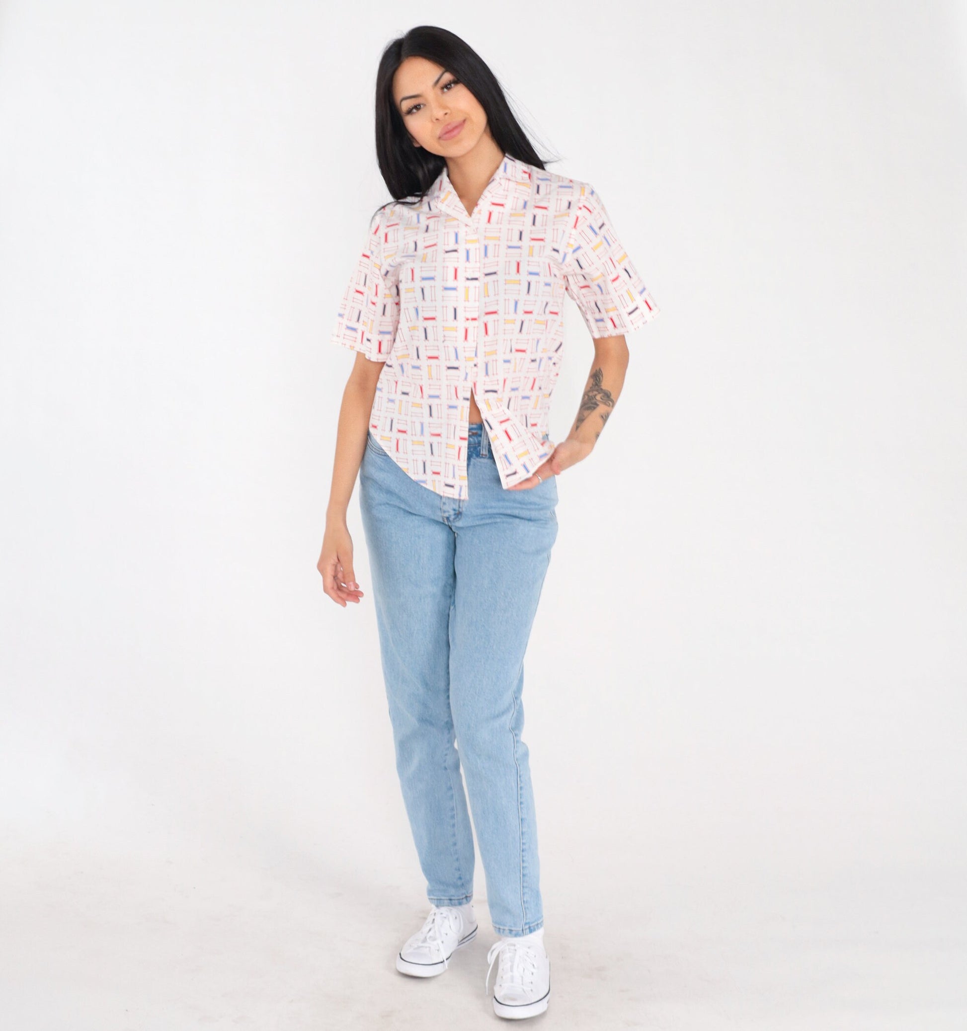 90s White Button Up Blouse Multicolor Geometric Lattice Print Short Sleeve Small