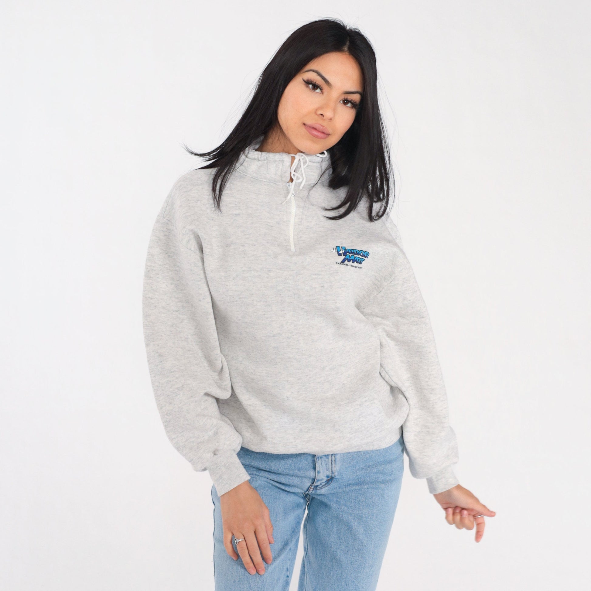 90s Harbor Mart Channel Islands Quarter Zip Sweatshirt Heather Grey Large L