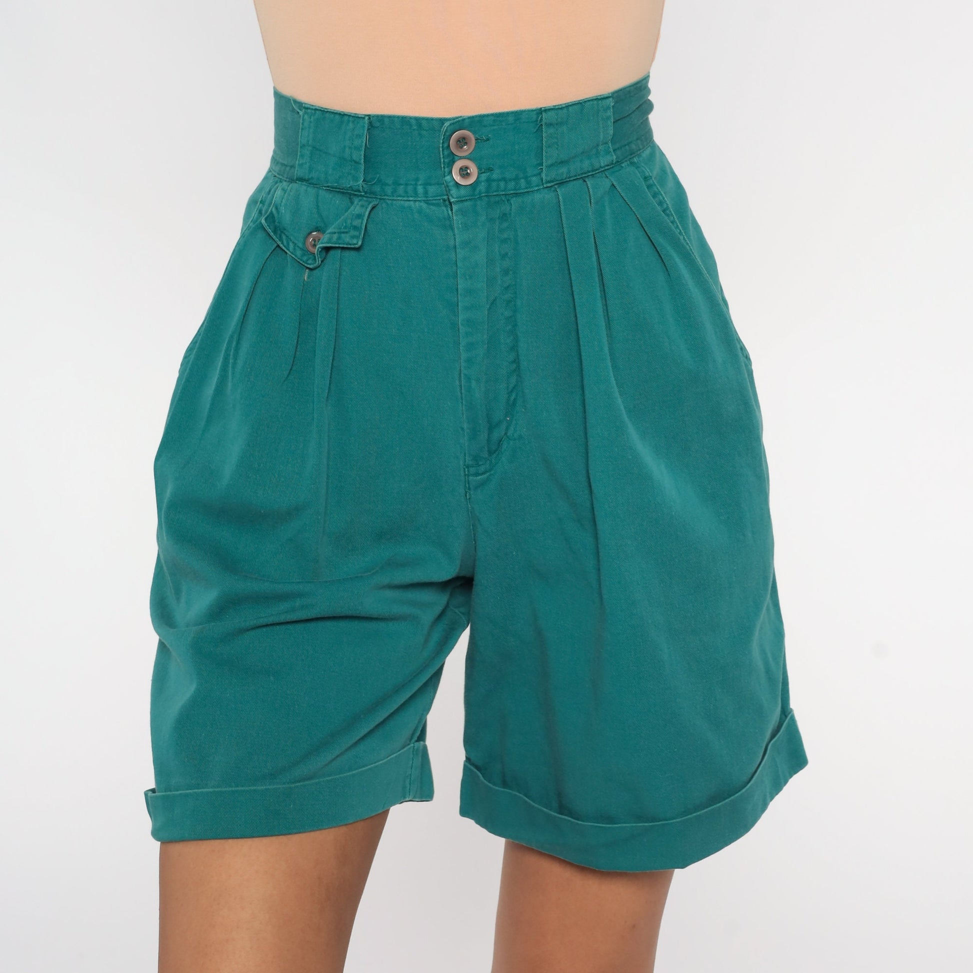 90s Great Land Apparel Green Pleated High-Waist Shorts Cotton Extra Small