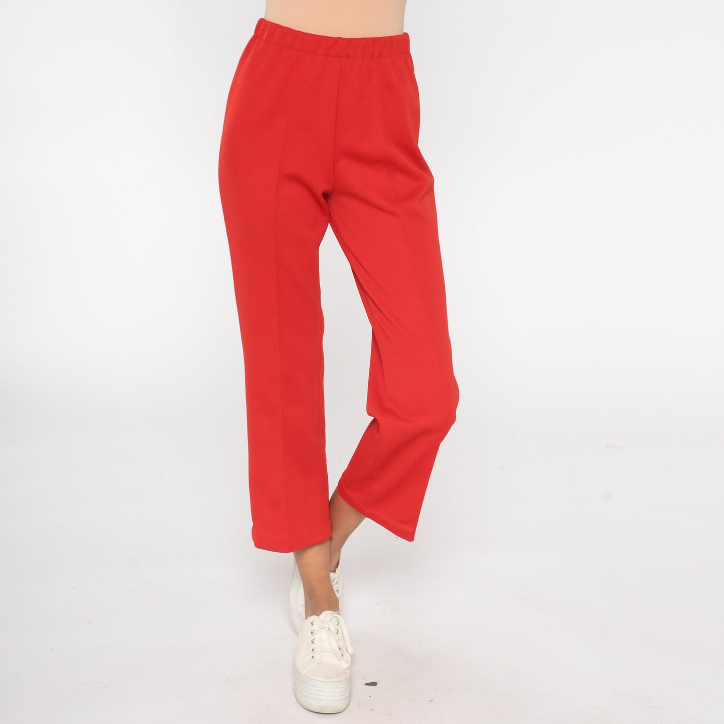 70s Red Straight Leg Pull-On Trousers Elastic Waist Extra Small