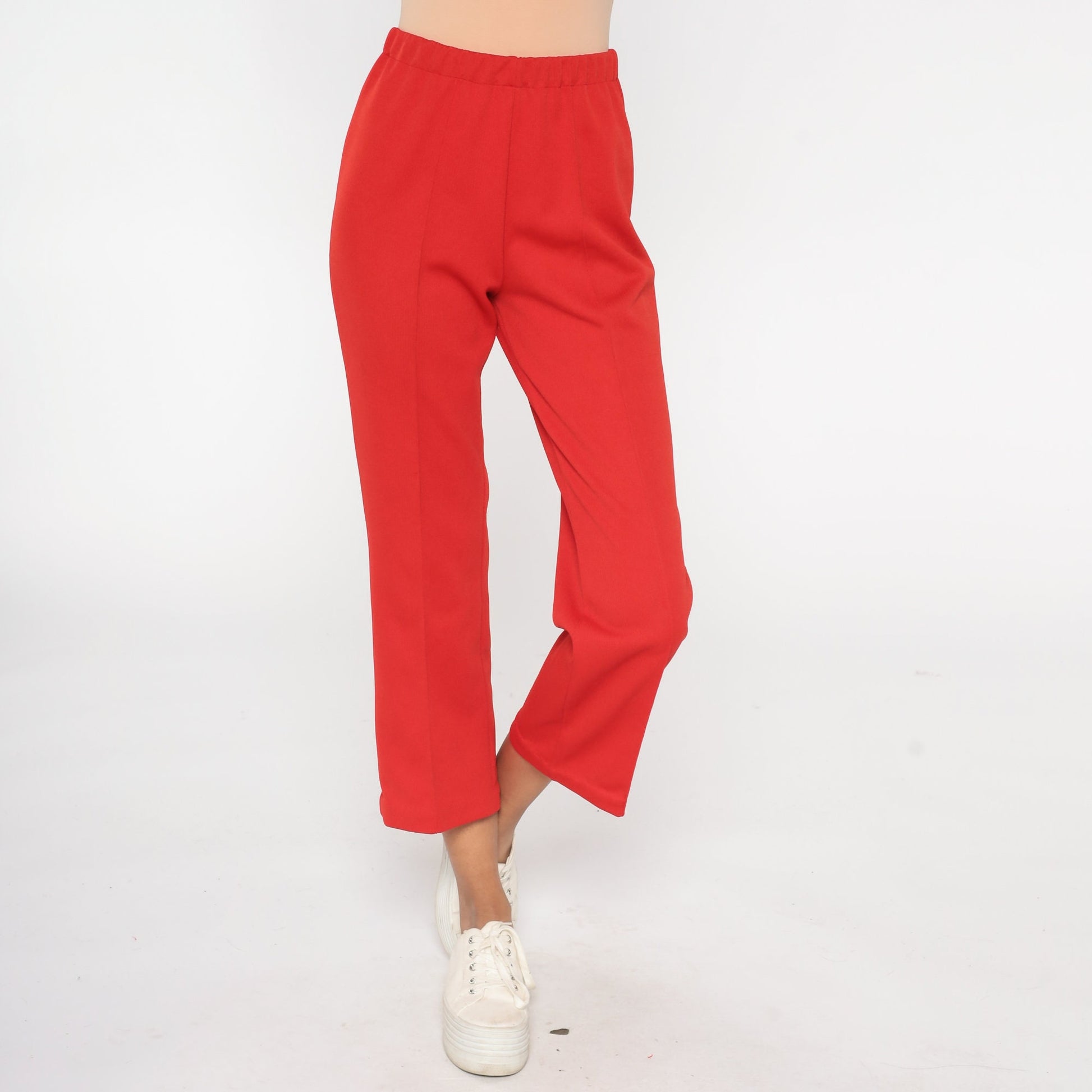 70s Red Straight Leg Pull-On Trousers Elastic Waist Extra Small