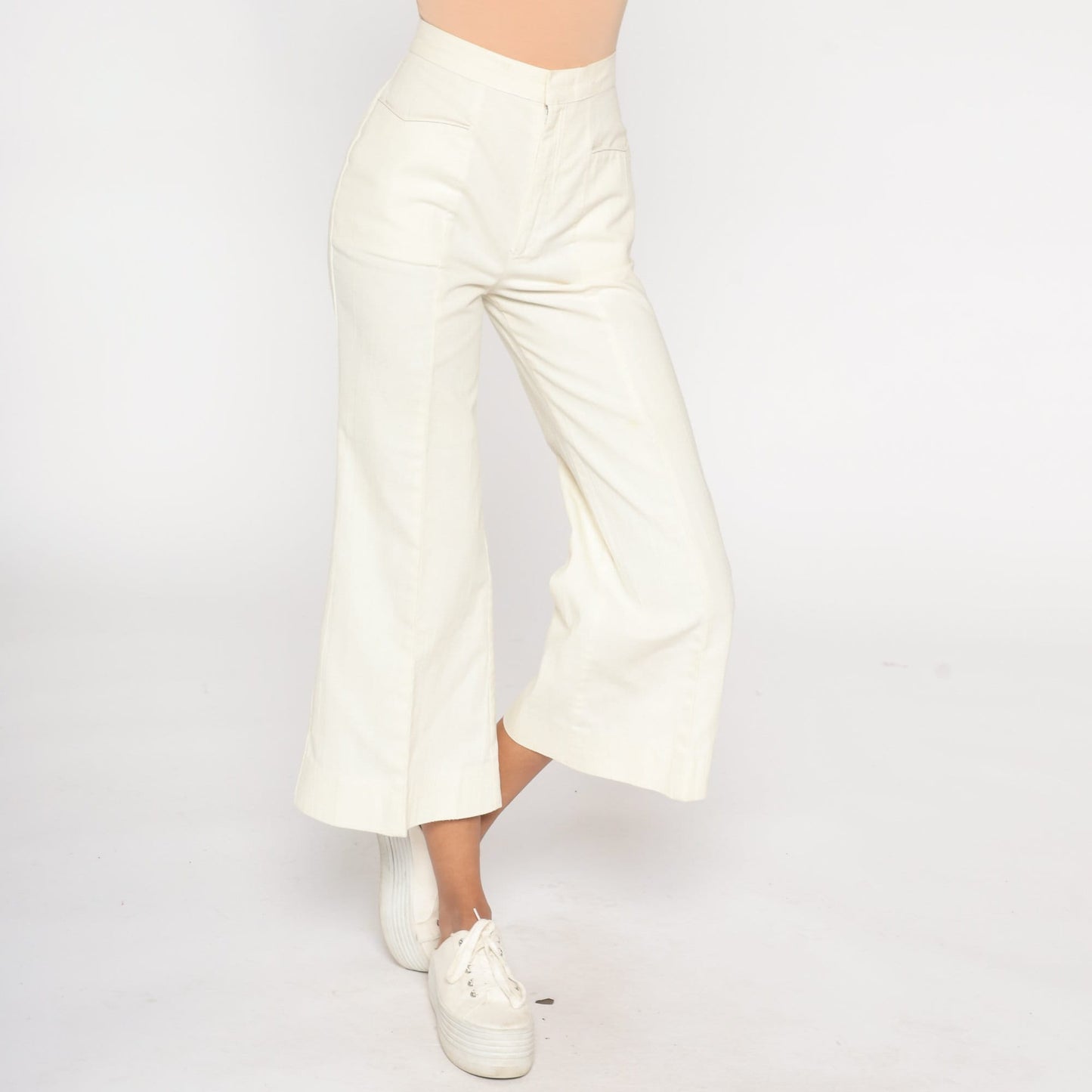 70s Bell Bottom Pants Off-White High Waist Cropped Ankle Trousers Extra Small XS