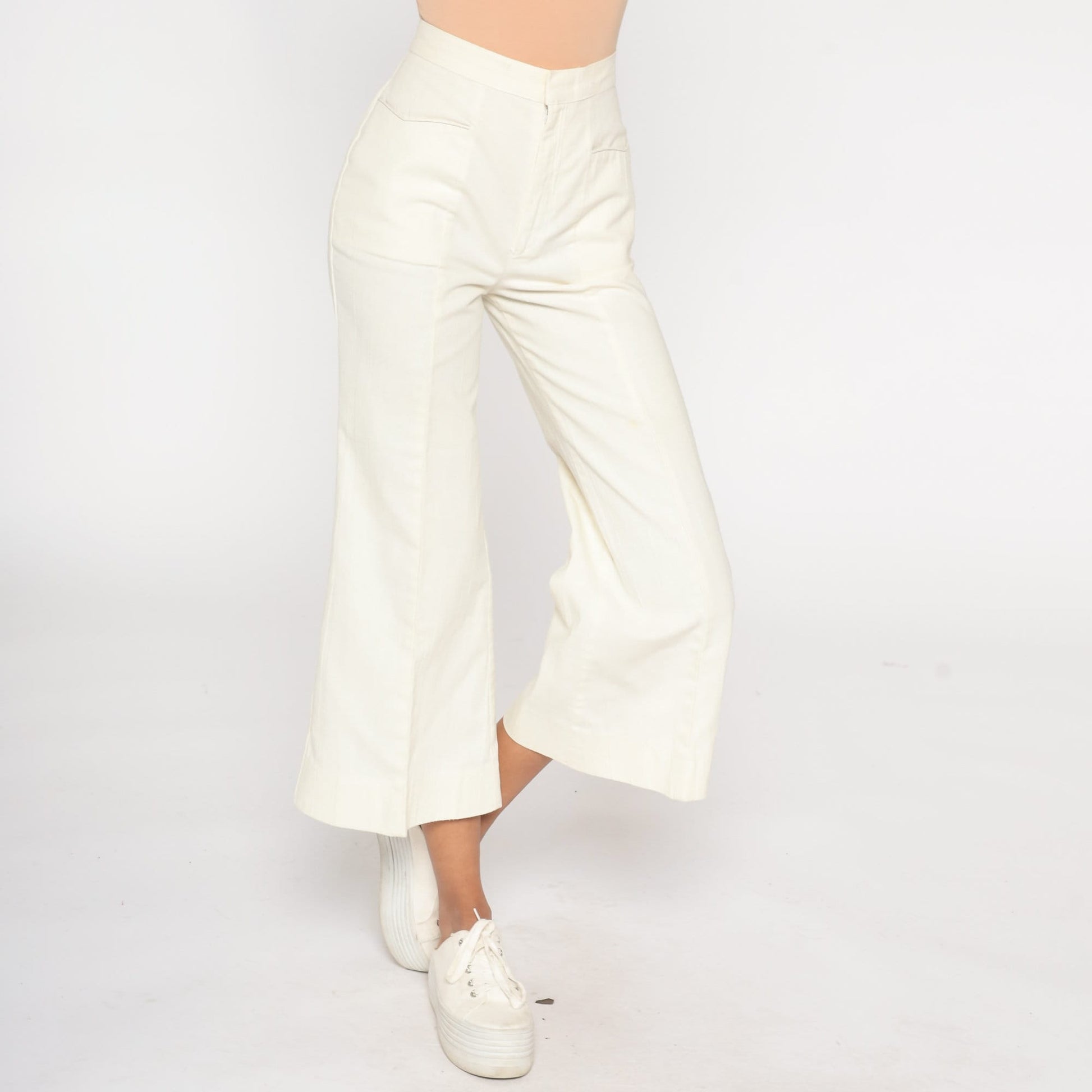 70s Bell Bottom Pants Off-White High Waist Cropped Ankle Trousers Extra Small XS