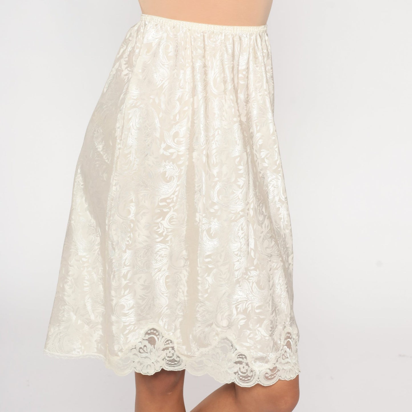 90s White Embossed Midi Slip Skirt Lace Trim High Waist Small