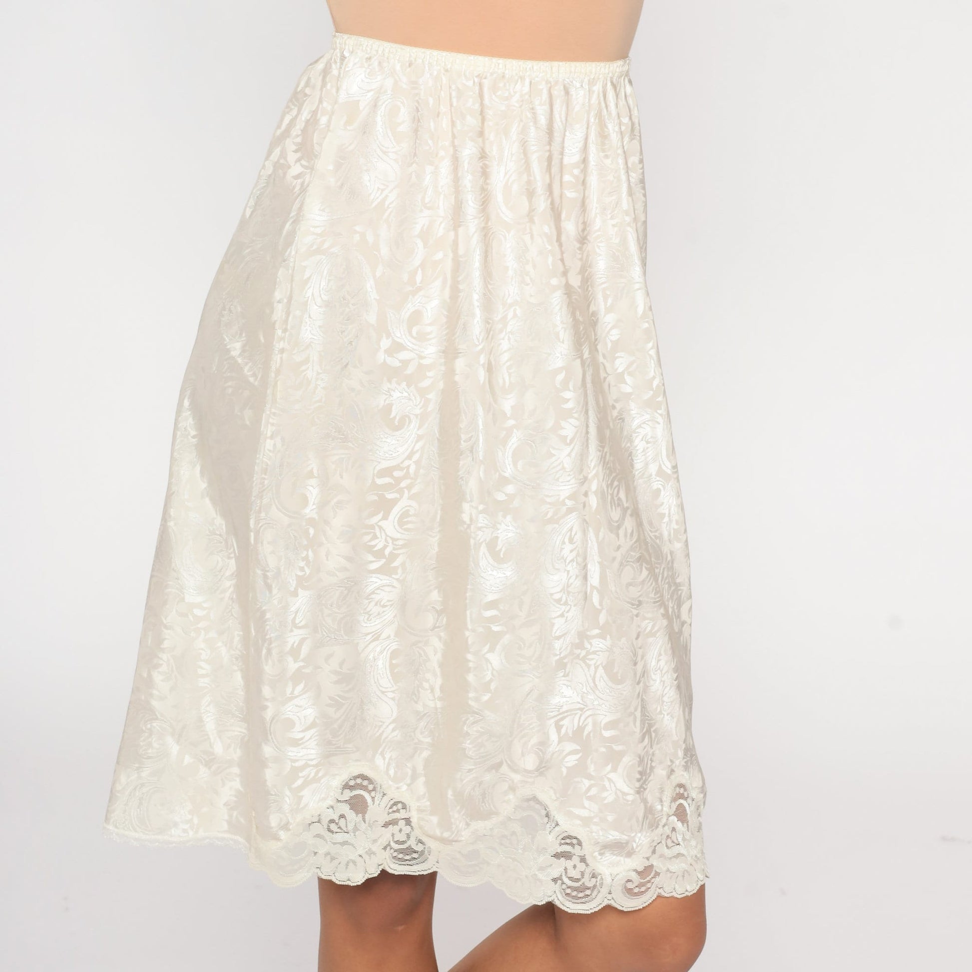 90s White Embossed Midi Slip Skirt Lace Trim High Waist Small