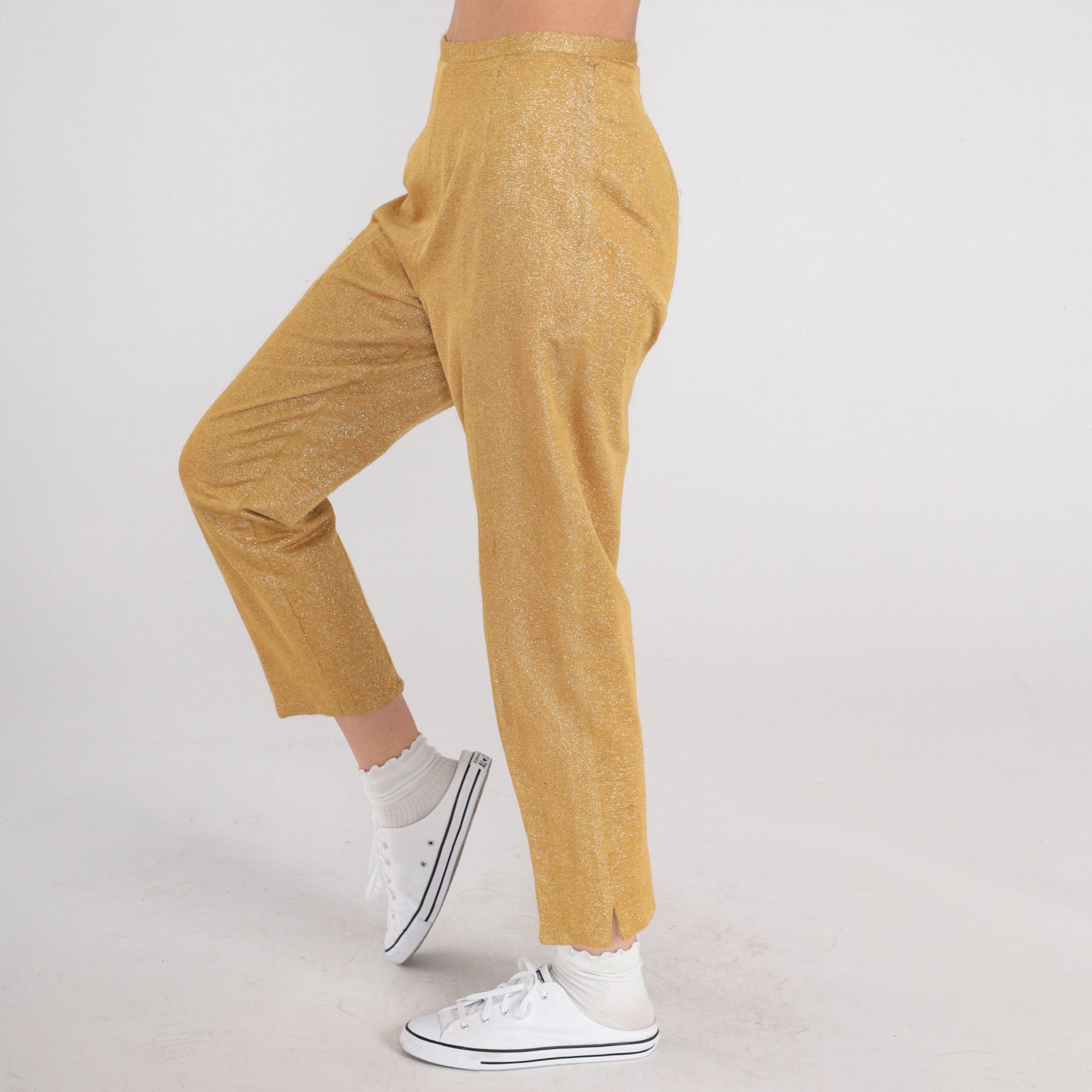 70s Metallic Gold Sparkly High-Waist Straight Trousers Small