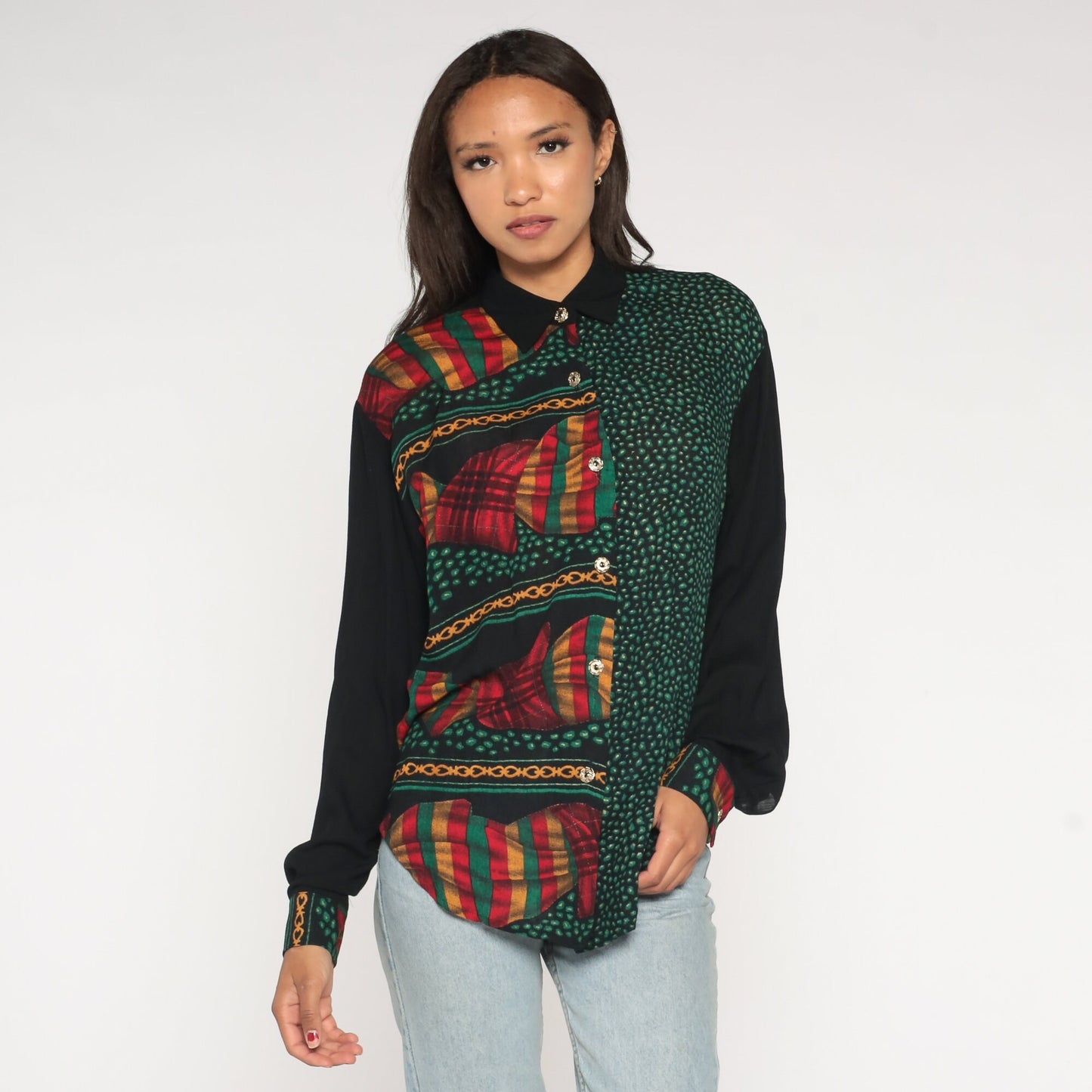 90s Baroque Flag Pebble Print Blouse Black Green Button Up Long Sleeve Small