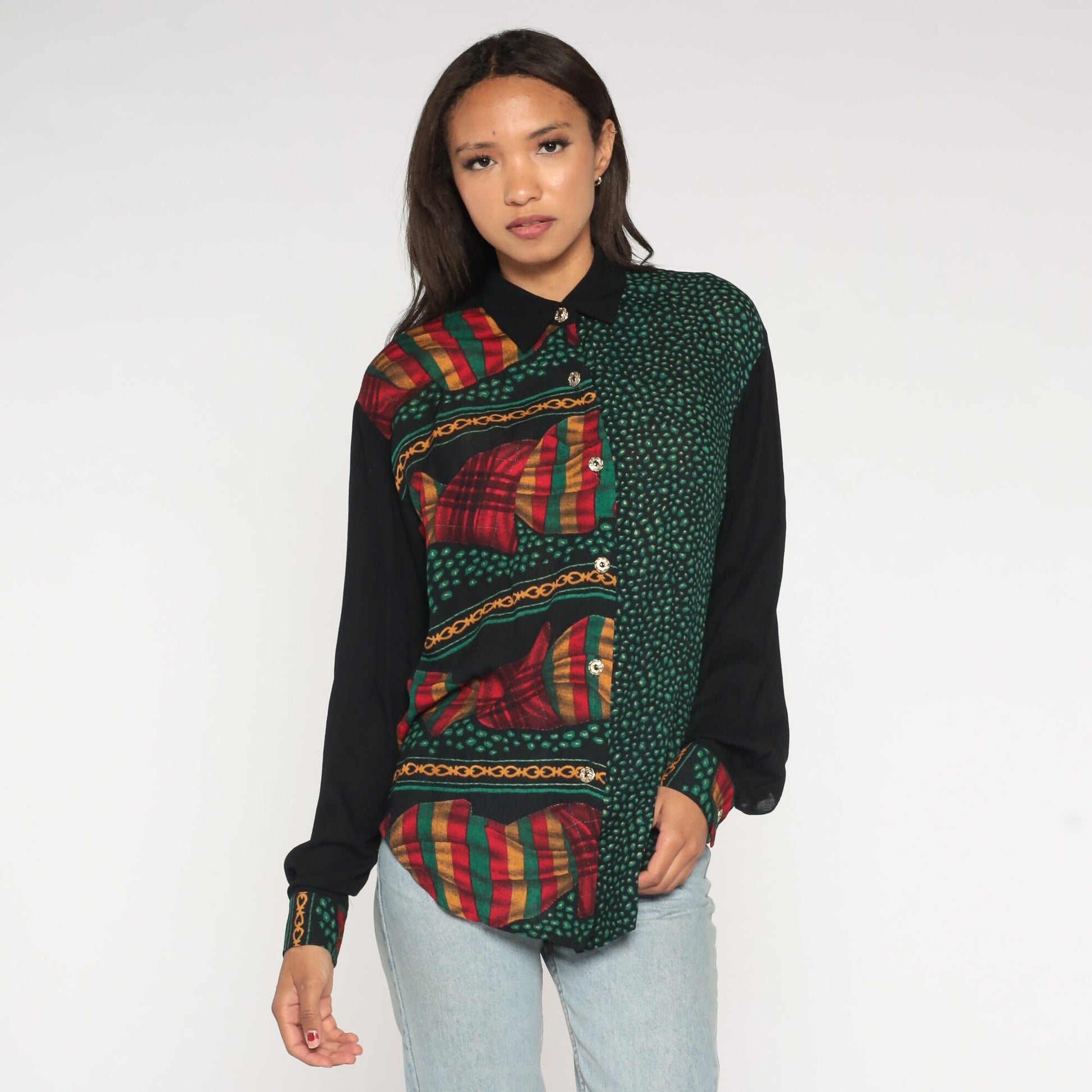 90s Baroque Flag Pebble Print Blouse Black Green Button Up Long Sleeve Small