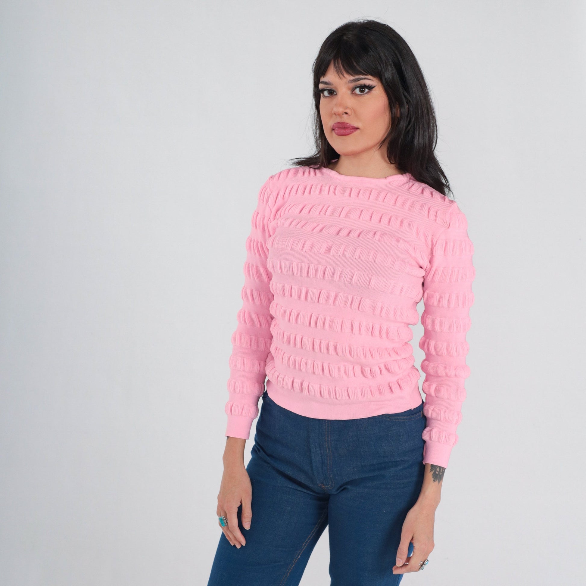 70s Bubblegum Pink Textured Knit Pullover Sweater Extra Small