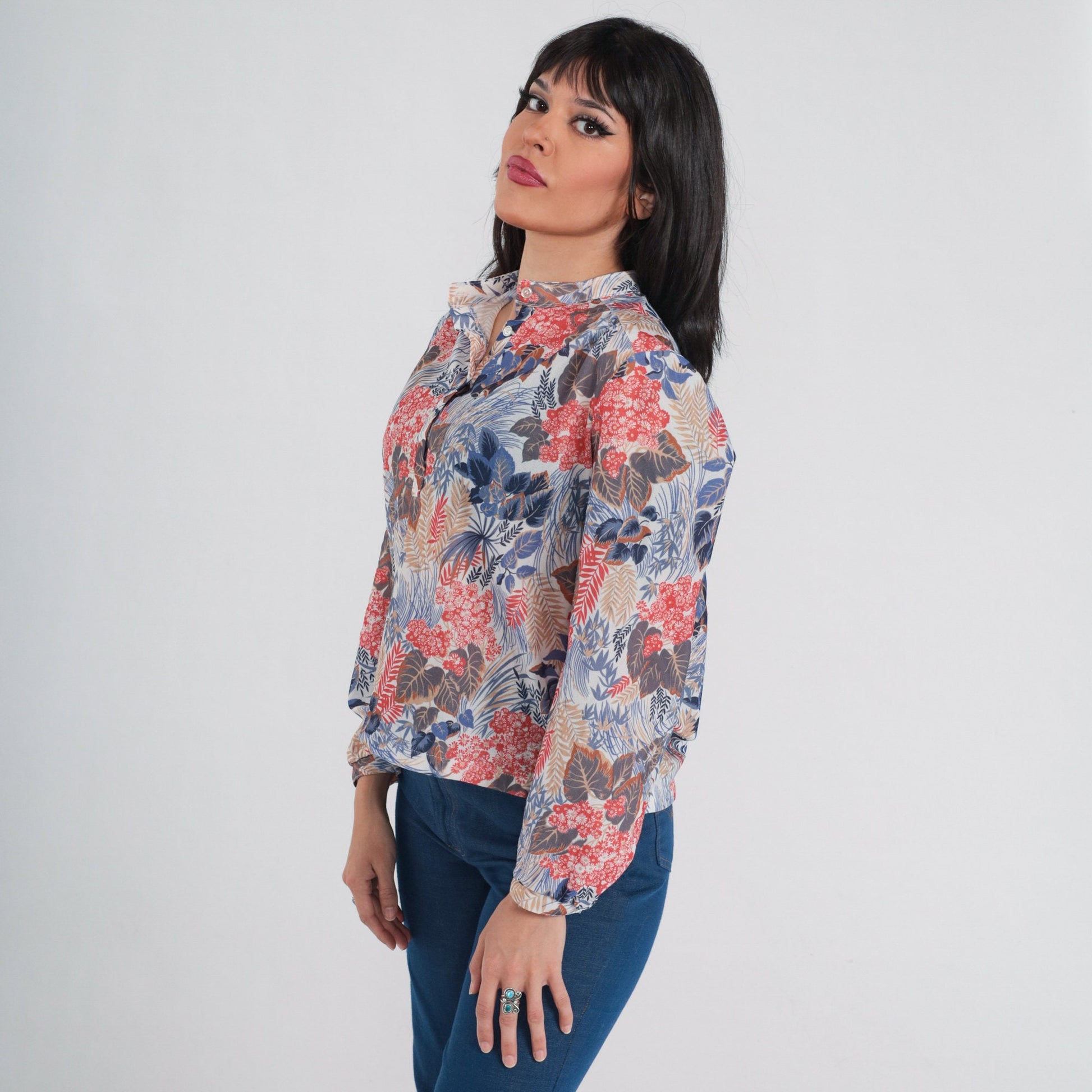 70s Floral Leaf Print Blouse Long Sleeve Half Button Up White Large
