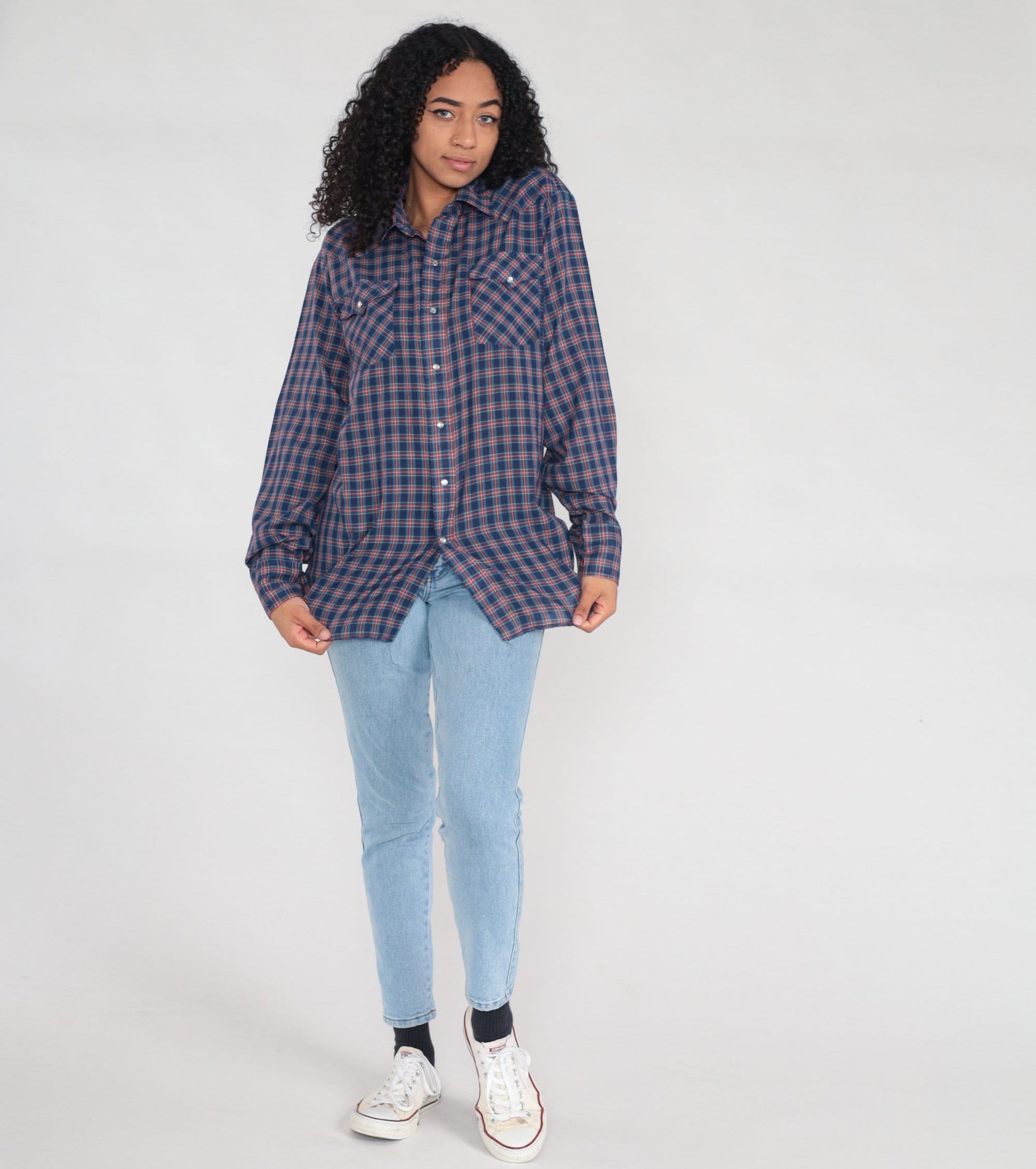80s Plaid Pearl Snap Western Shirt Blue Cotton Men's Large