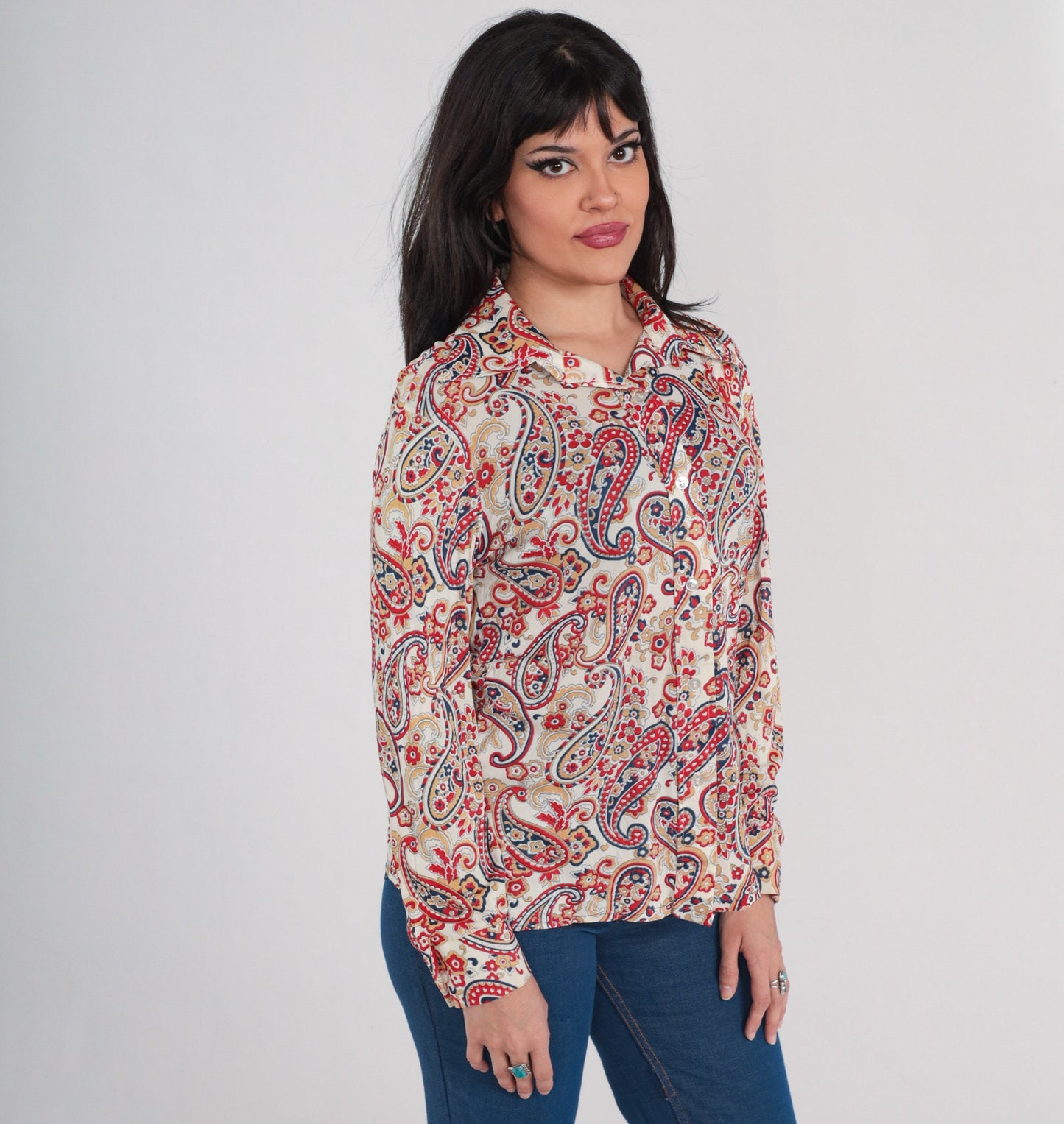 70s Paisley Floral Button-Up Blouse Long Sleeve Collared Shirt White Red Blue Tan Large L