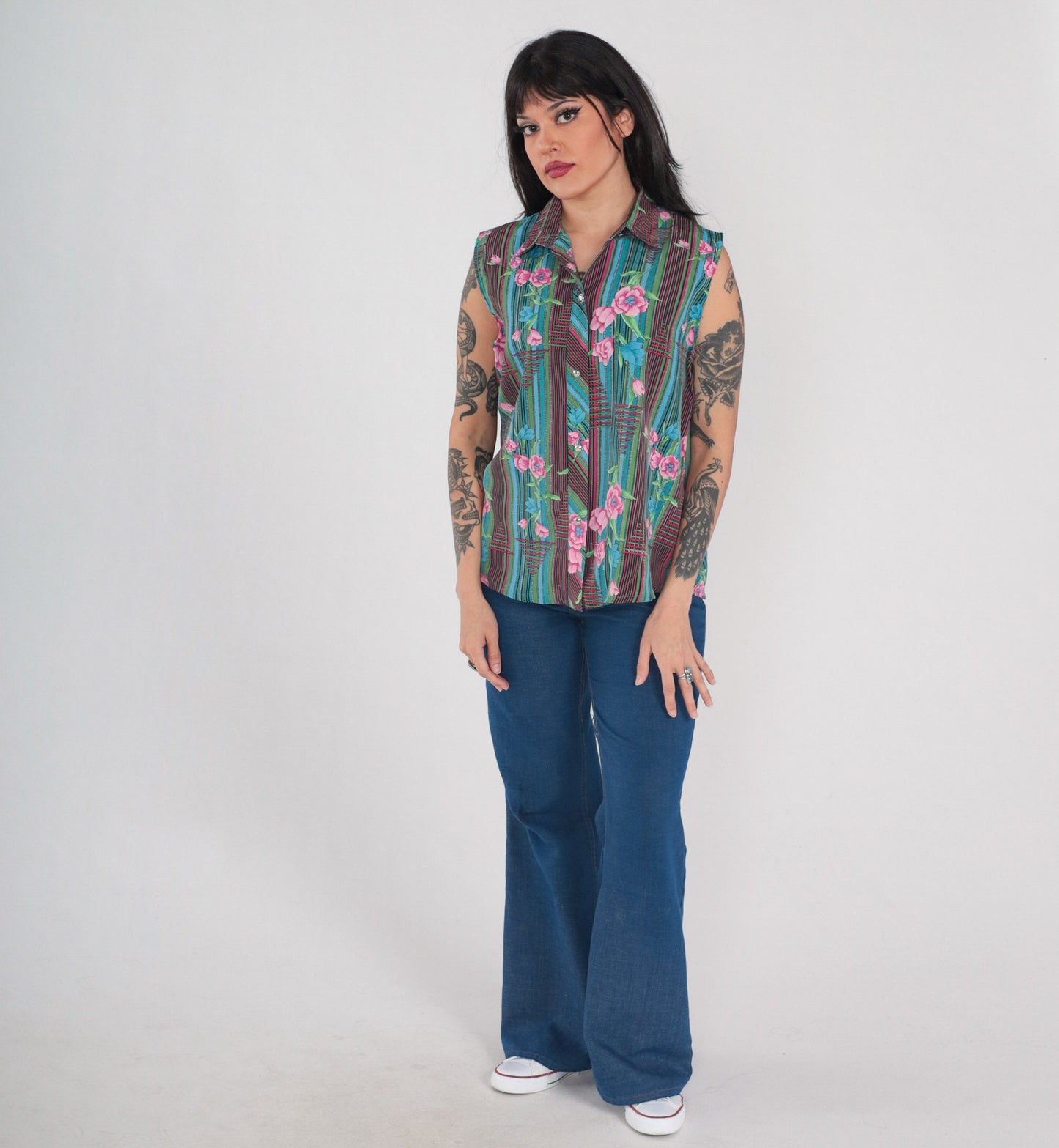 70s Striped Floral Button-Up Tank Top Collared Sleeveless Blouse Large