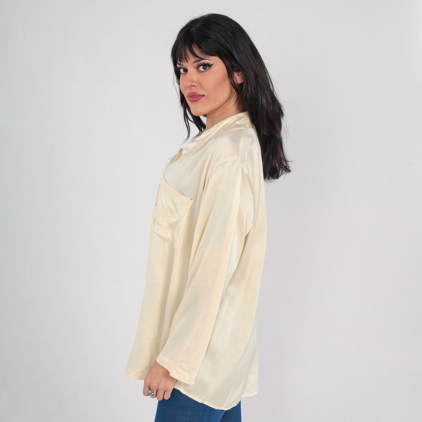 90s Cream Silk Blouse Floral Embroidered Button Up Long Sleeve Extra Large XL