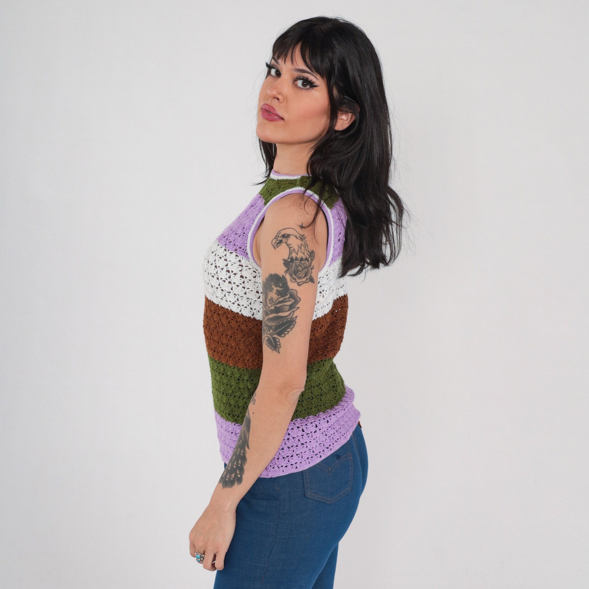 70s Striped Crochet Tank Top Multicolor Knit Sleeveless Small