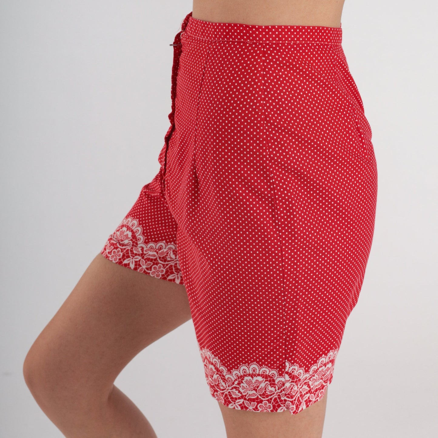 60s Red Polka Dot Shorts High-Waisted Floral Lace Print Extra Small