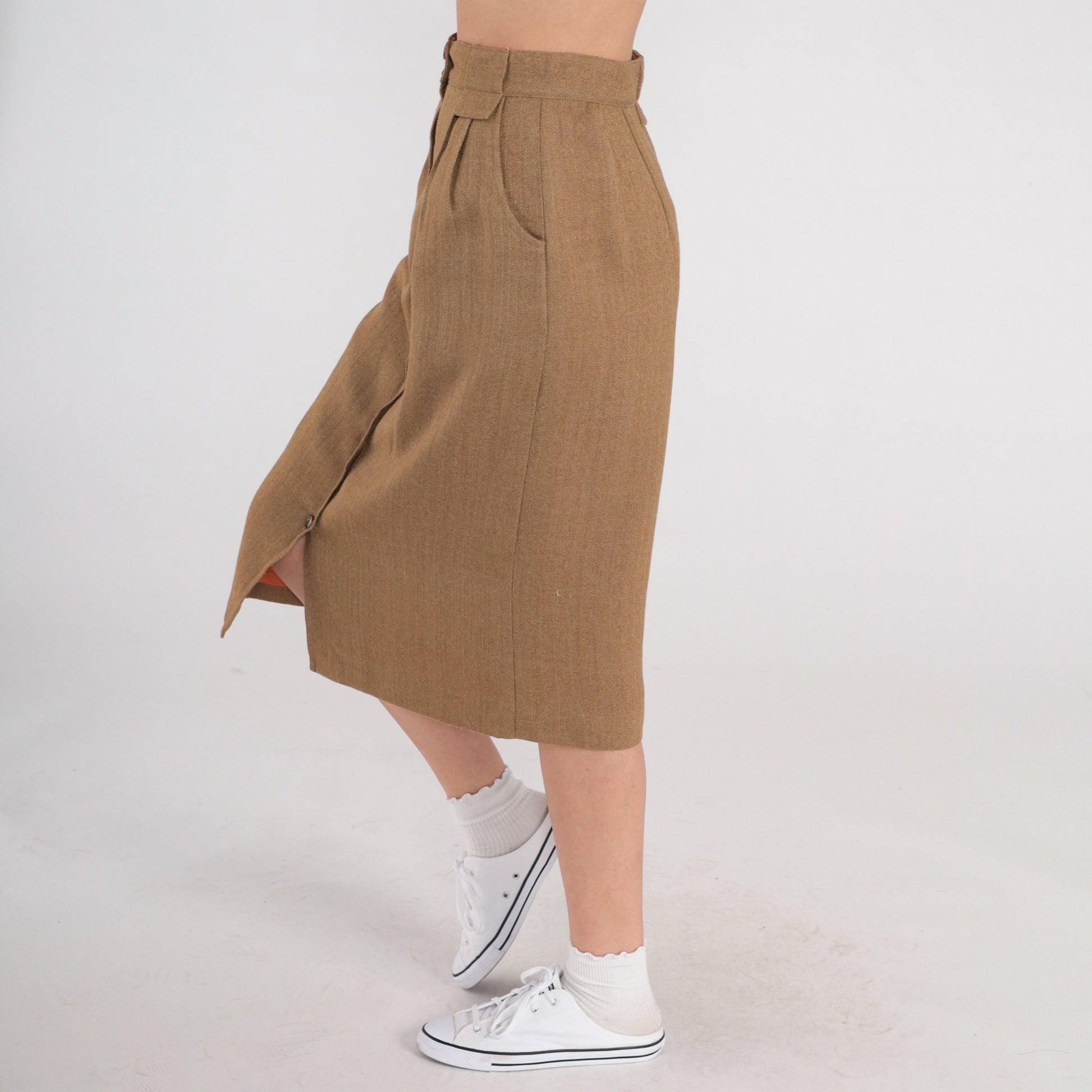 80s Brown Wool Midi Skirt High Waist Pleated Button Front Pockets Extra Small