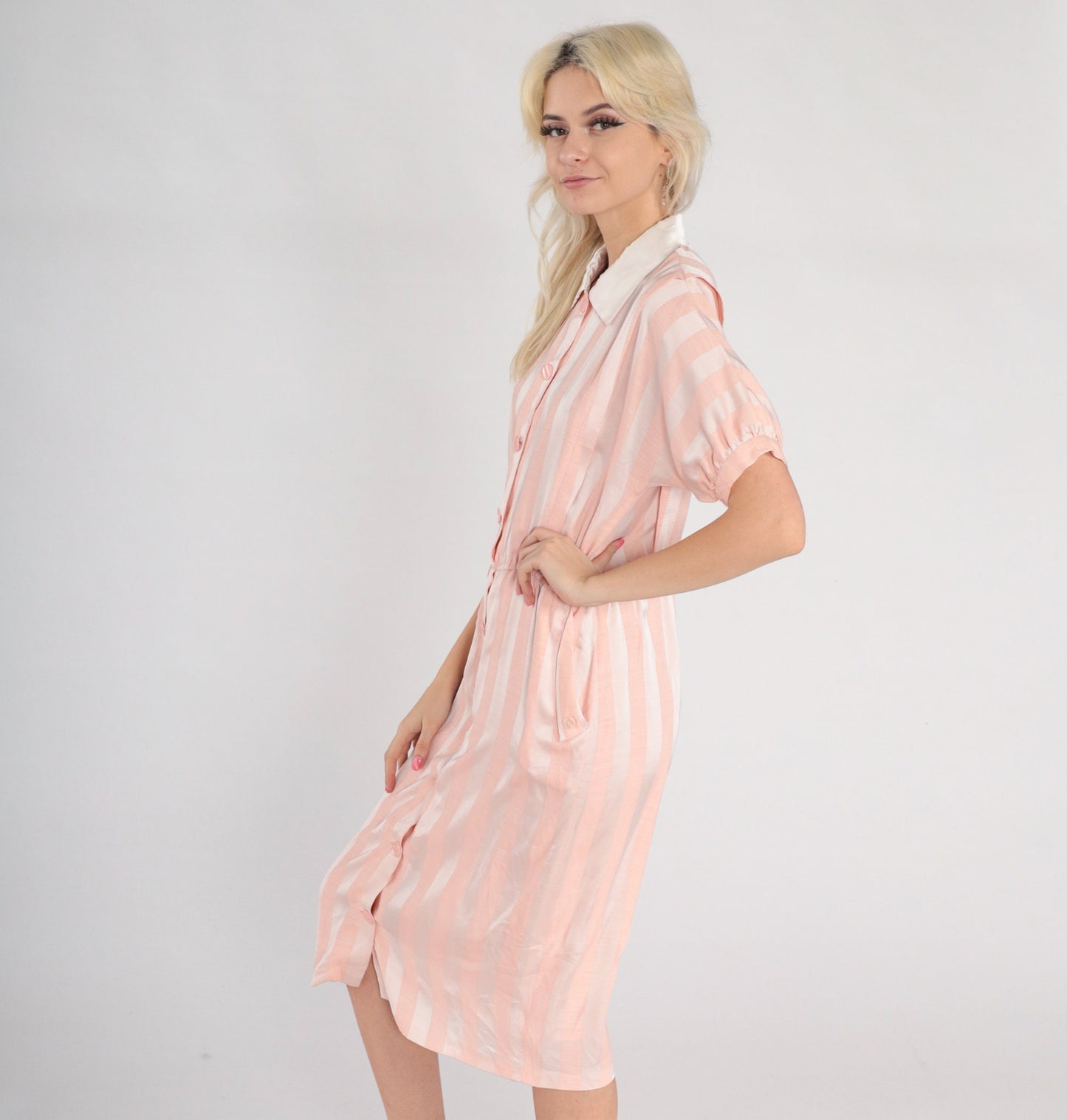 80s Pink White Striped Silk Midi Dress Collared Button-Up Short Sleeve Medium