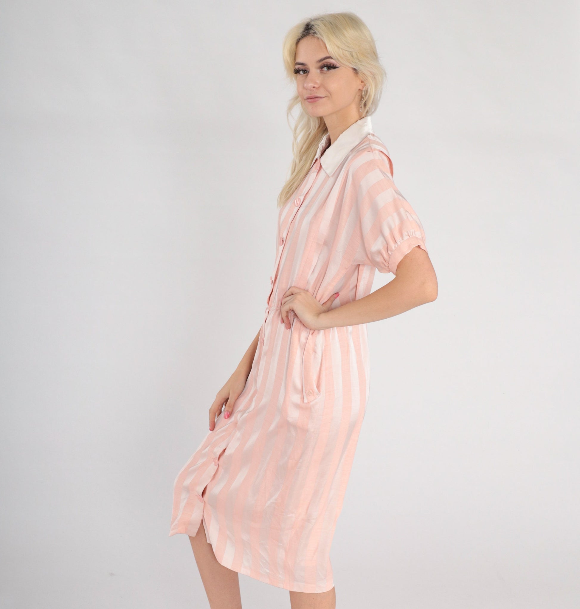 80s Pink White Striped Silk Midi Dress Collared Button-Up Short Sleeve Medium