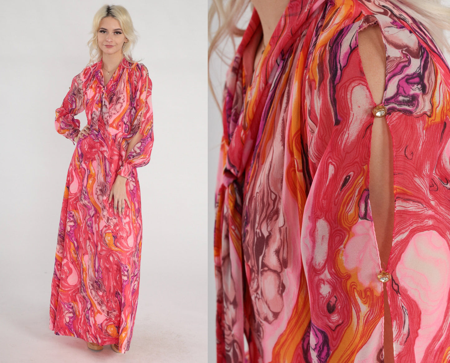 70s Psychedelic Marble Print Maxi Dress Pink Orange Purple Keyhole Tie Neck Small