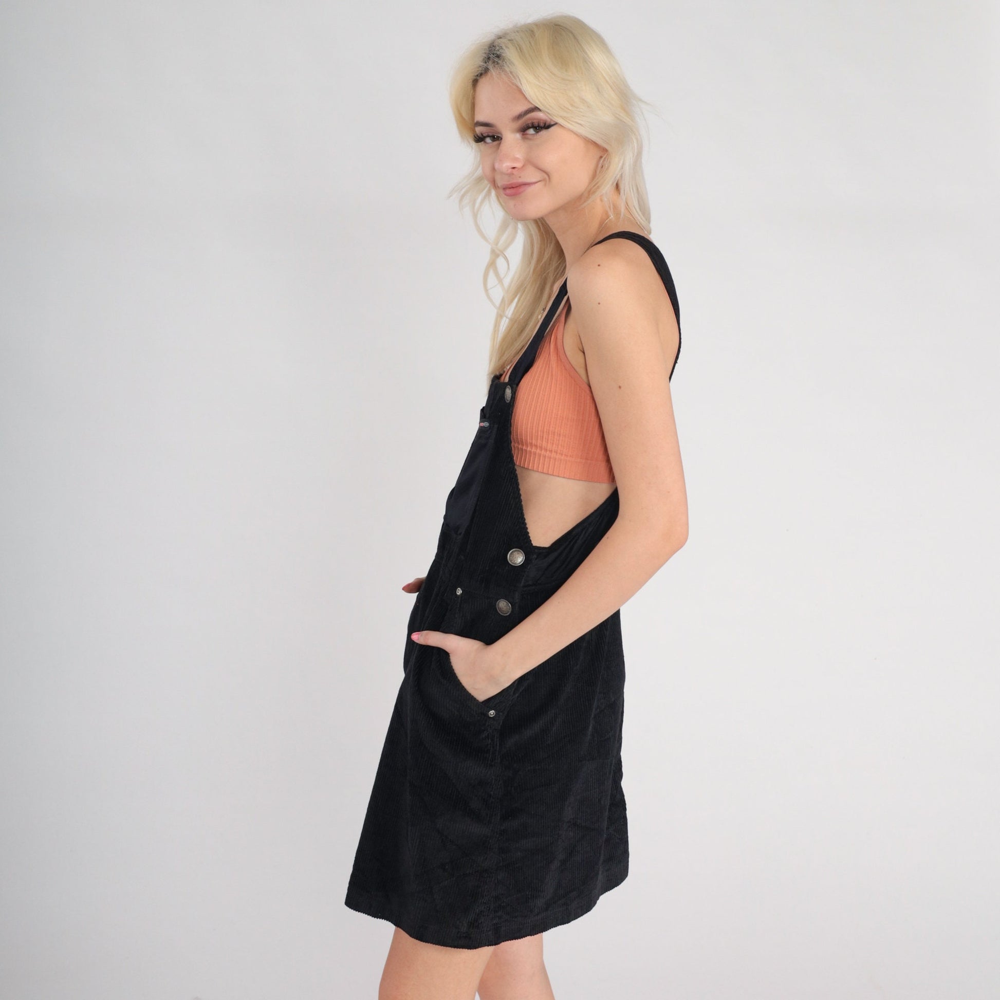90s Squeeze Jeans Black Corduroy Overall Dress Mini Skort Small
