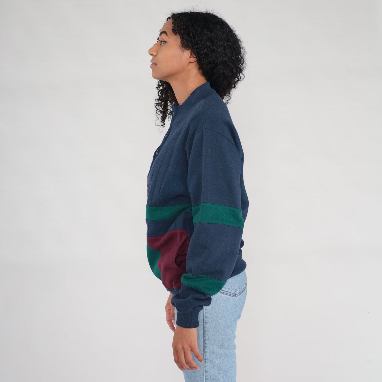 90s Saugatuck Dry Goods Color Block Sweatshirt Navy Green Striped Small