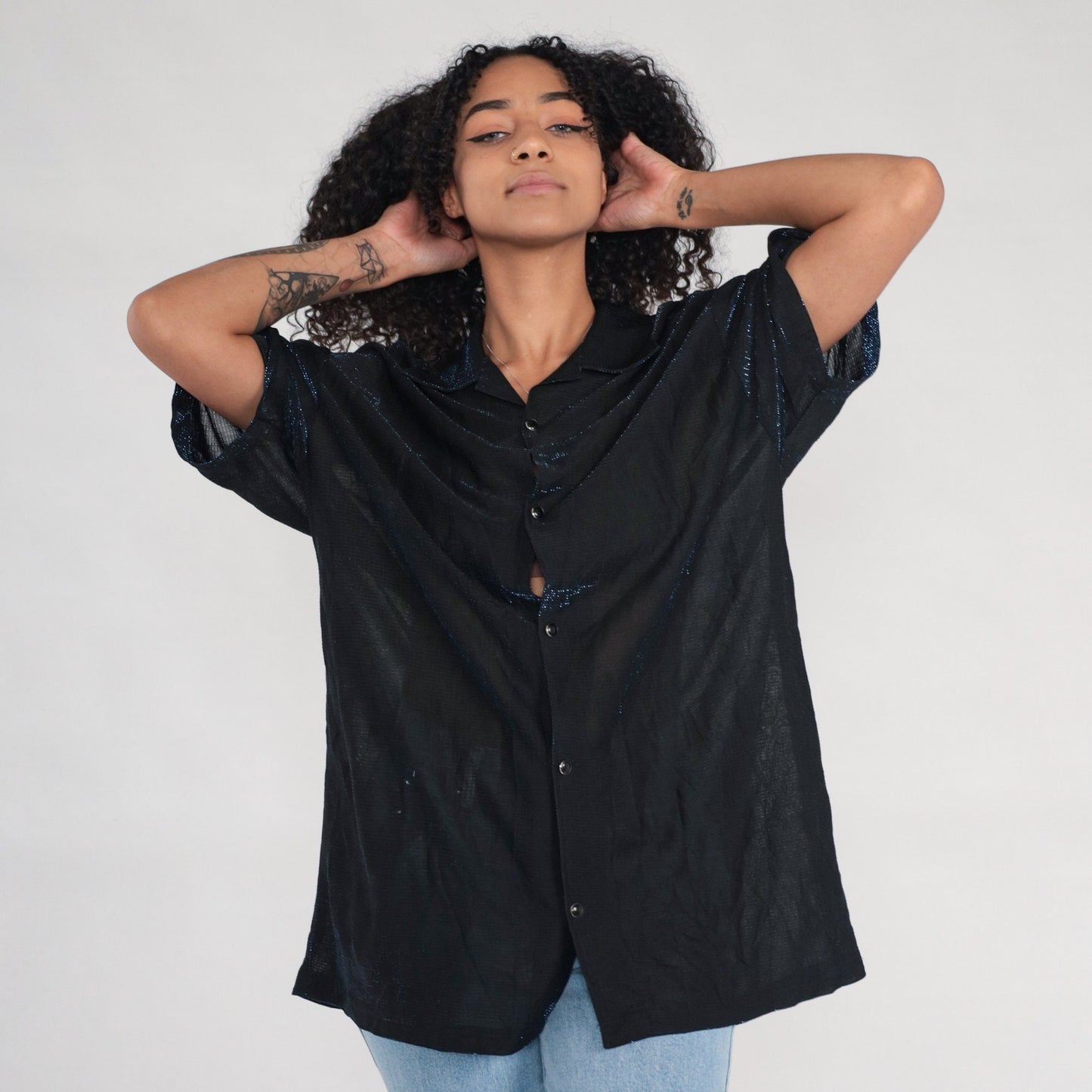 90s Metallic Blue Sparkle Sheer Black Button-Up Blouse Short Sleeve Extra Large XXL