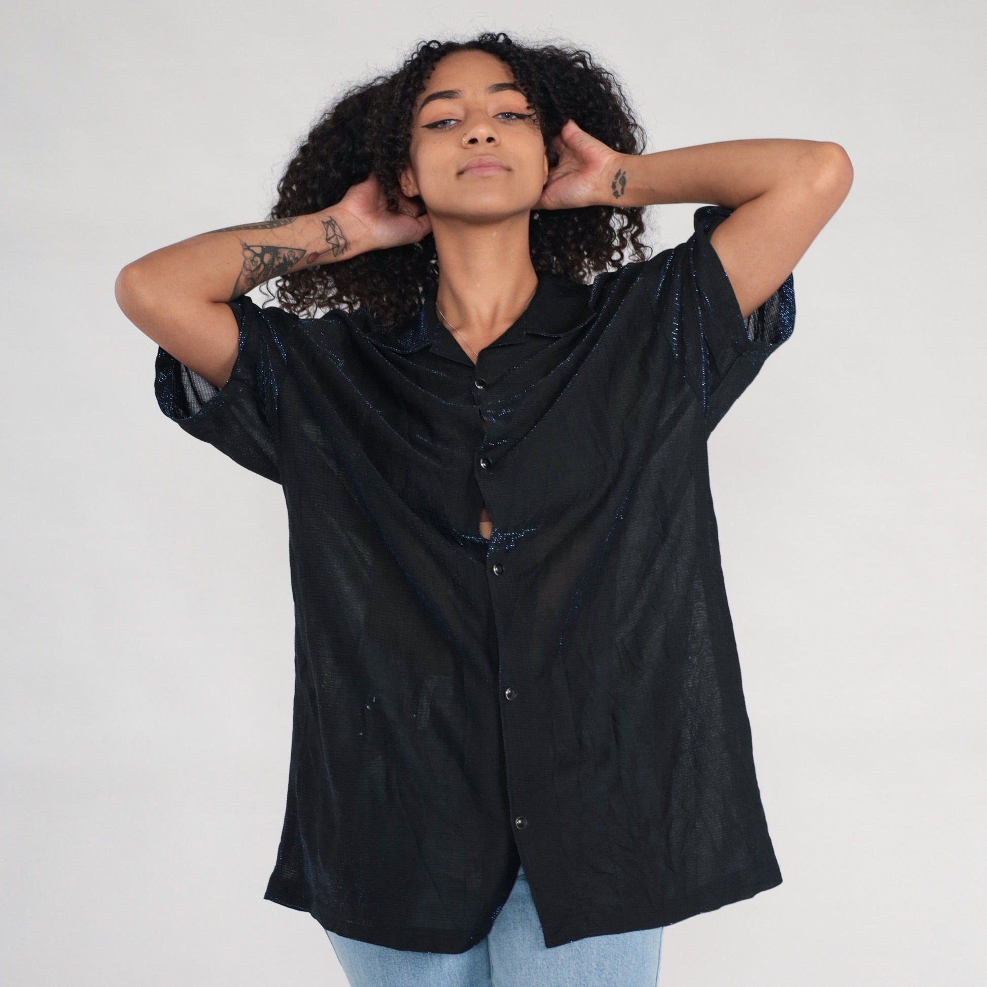 90s Metallic Blue Sparkle Sheer Black Button-Up Blouse Short Sleeve Extra Large XXL