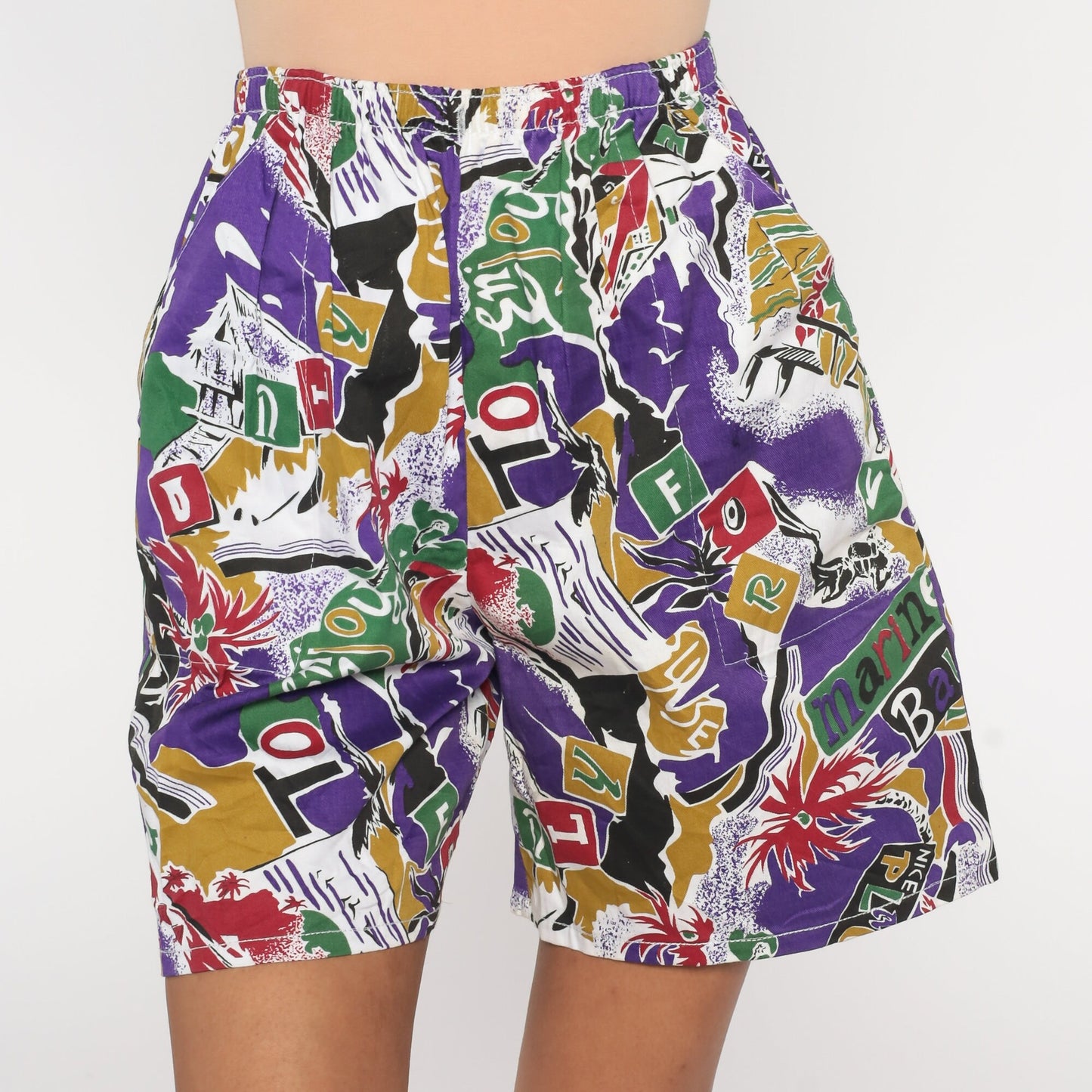 80s Tropical Print Shorts Purple High-Waist Elastic Waist Small Medium