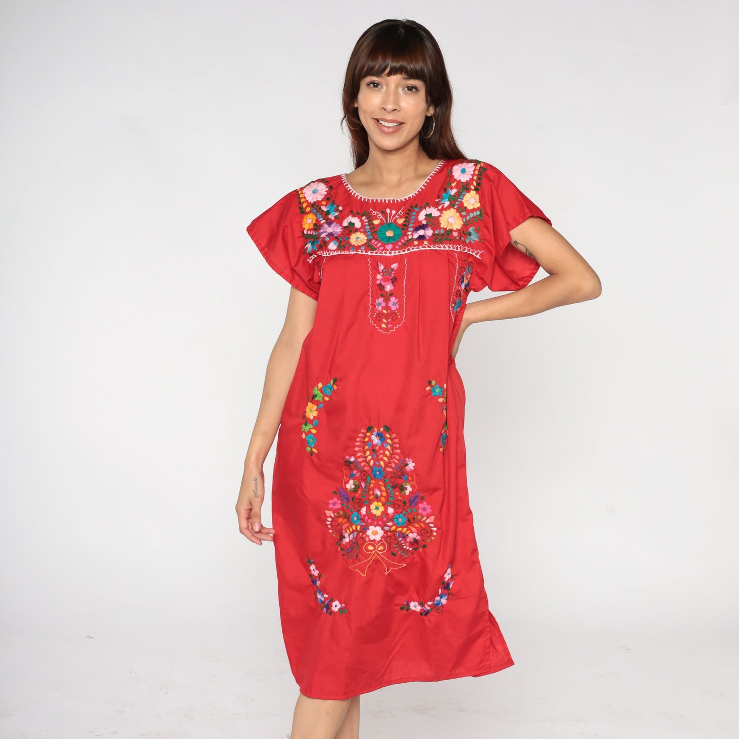 90s Mexican Embroidered Floral Midi Dress Red Cotton Small S