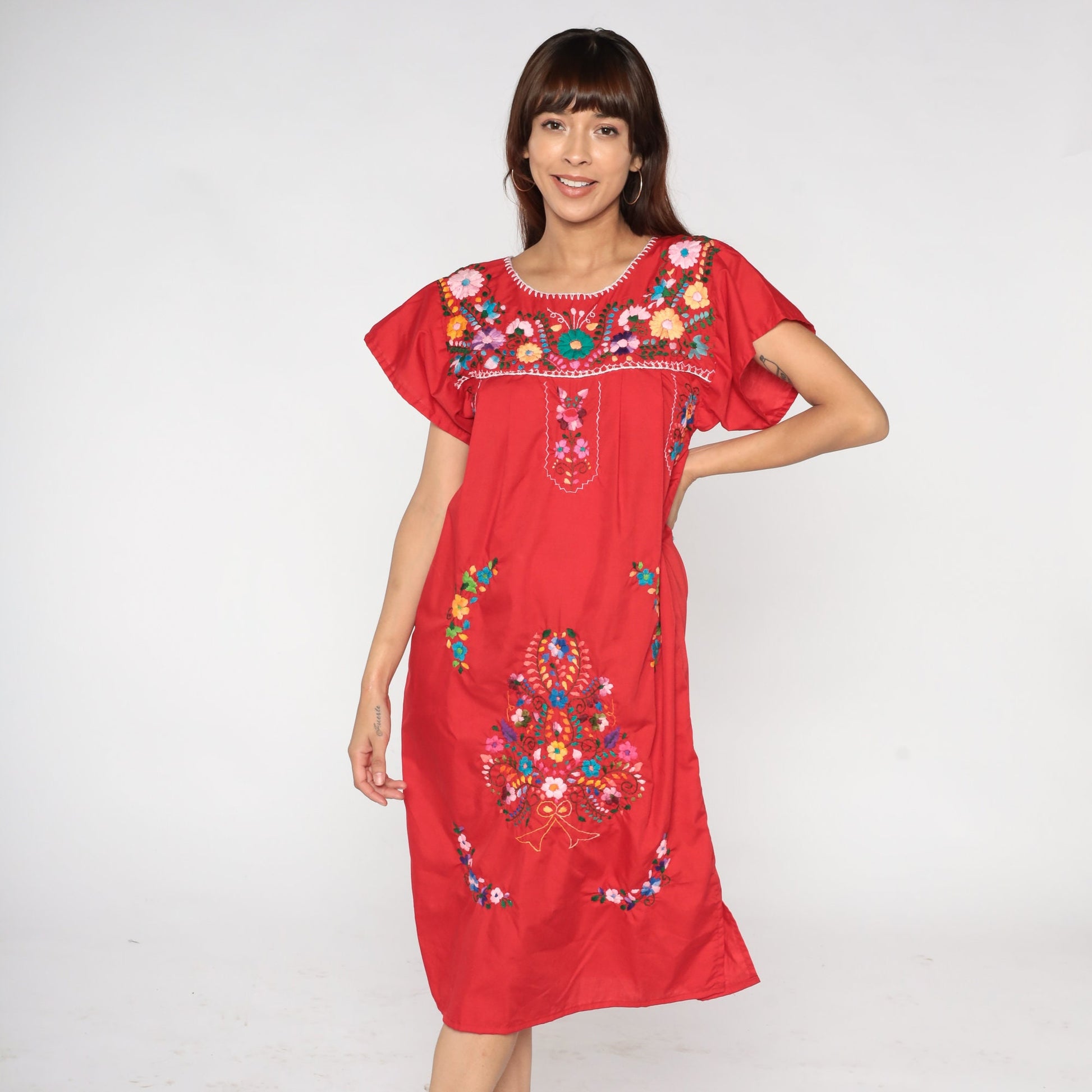 90s Mexican Embroidered Floral Midi Dress Red Cotton Small S