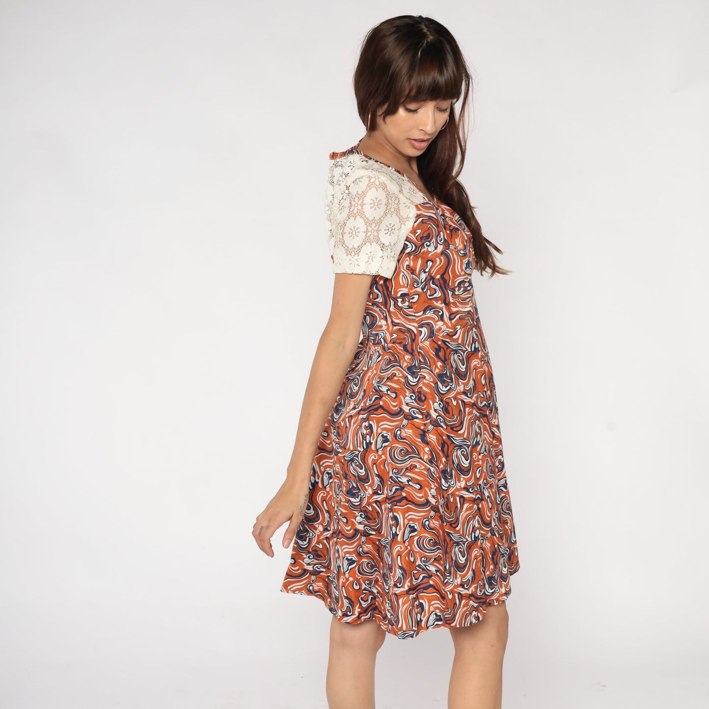 80s Abstract Marble Print Mini Dress Lace Yoke High Waist Short Sleeve Small