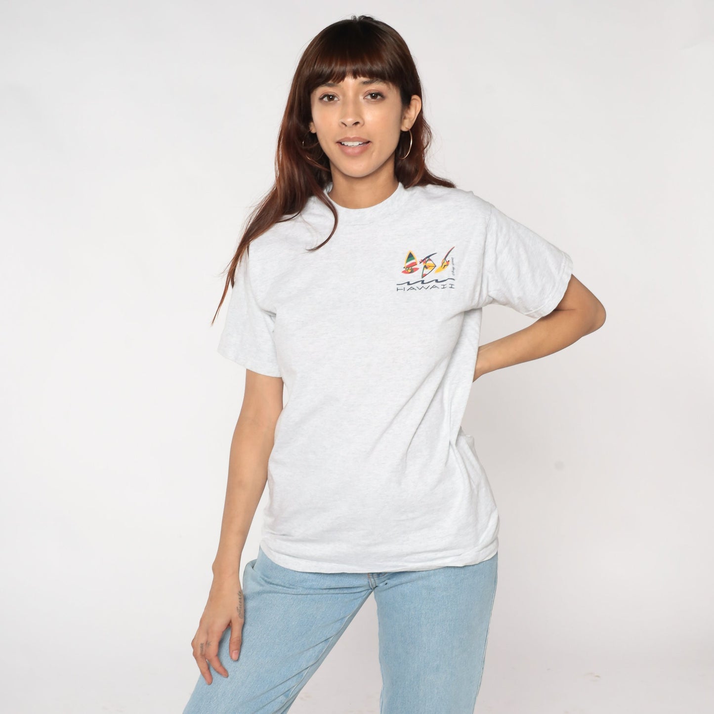 90s Hawaii Windsurfing Graphic T-Shirt Light Grey Cotton Single Stitch Small