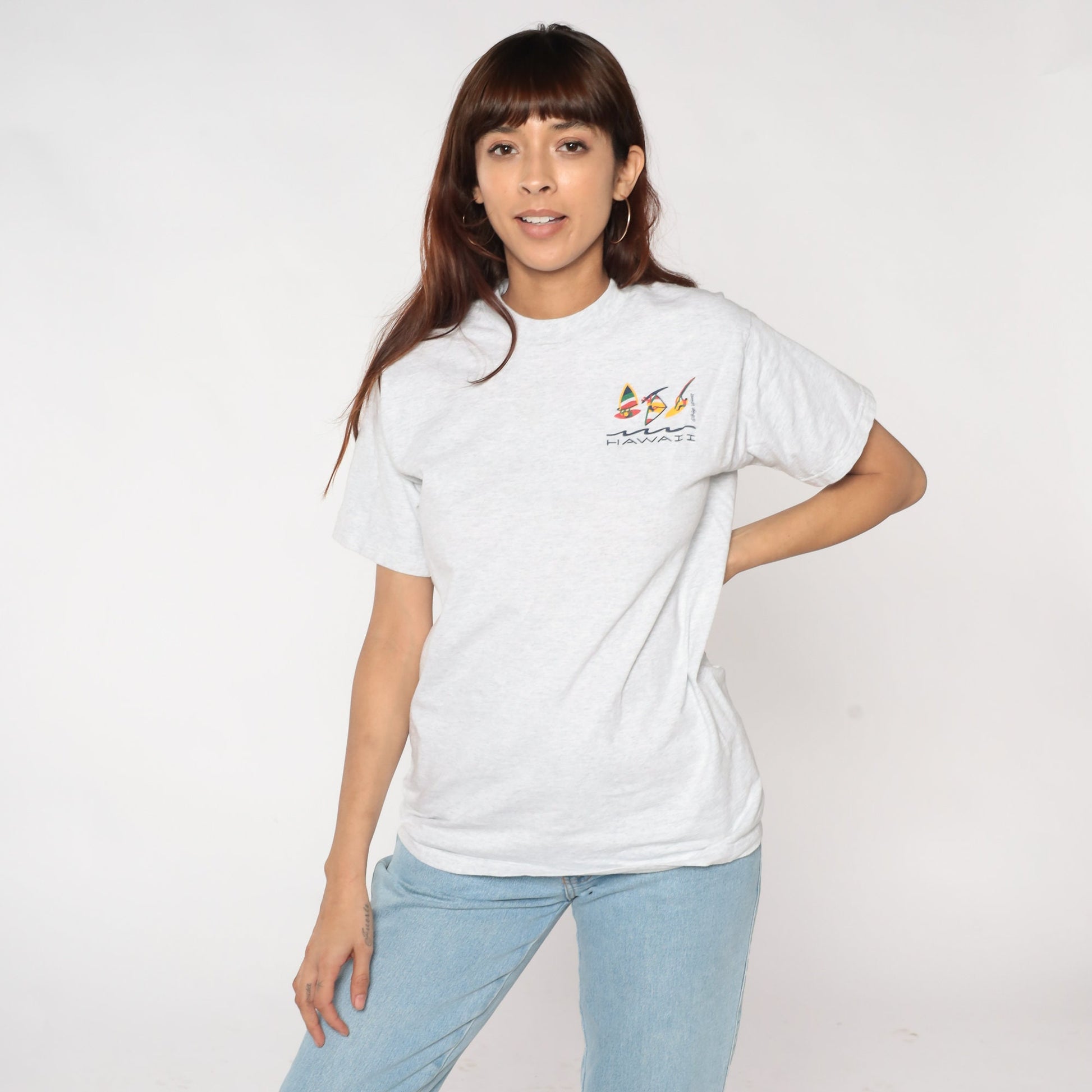 90s Hawaii Windsurfing Graphic T-Shirt Light Grey Cotton Single Stitch Small
