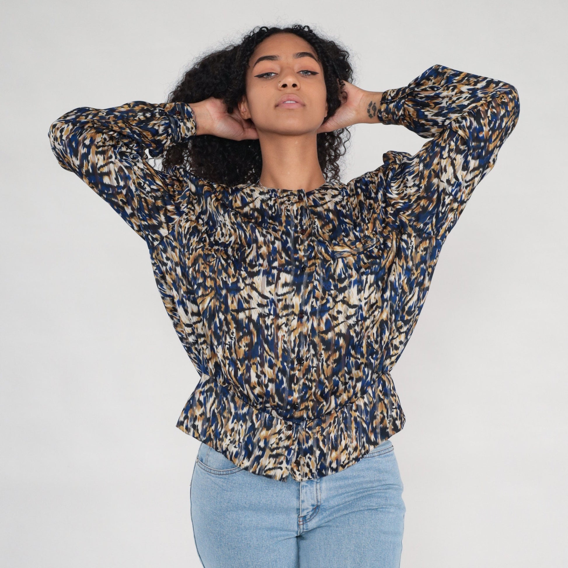 90s Leopard Abstract Animal Print Button-Up Blouse Long Sleeve Extra Large