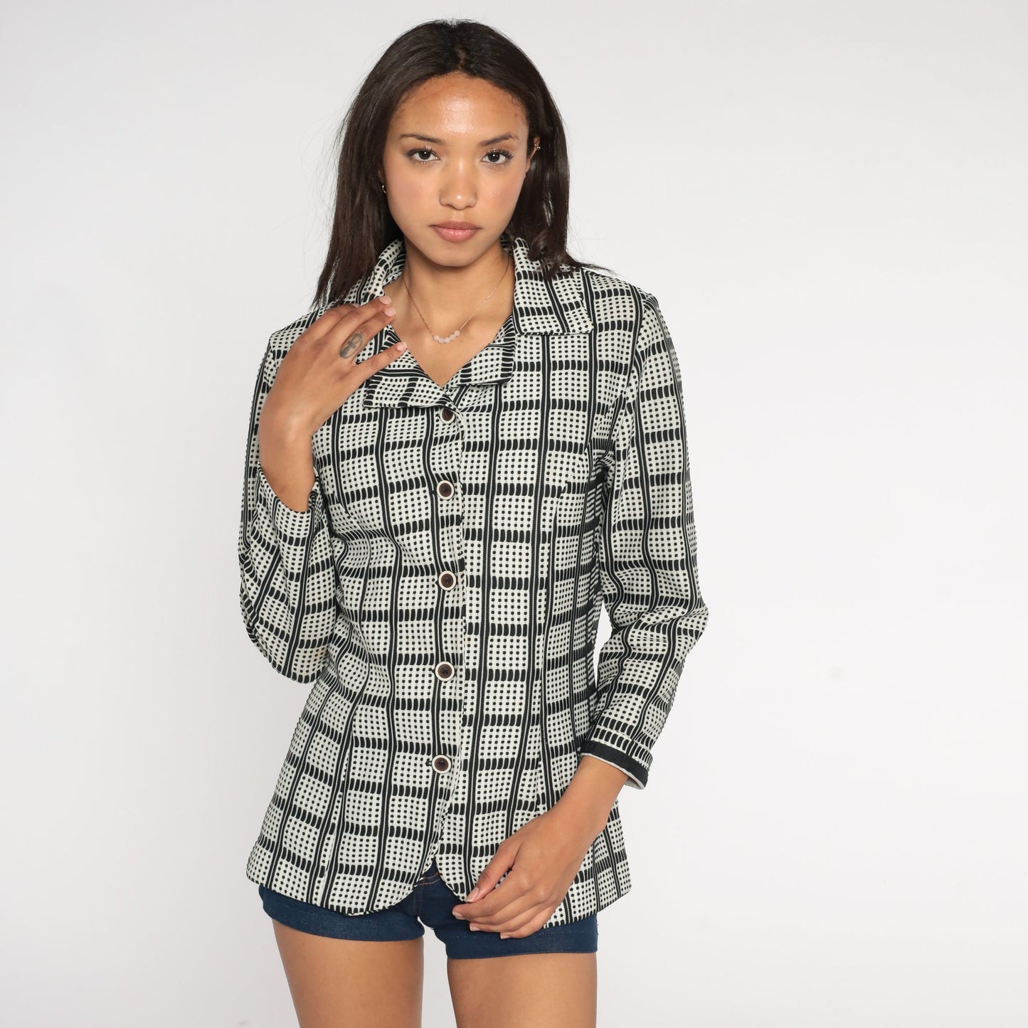 70s Checkered Button-Up Shirt Black White Collared Long Sleeve Medium