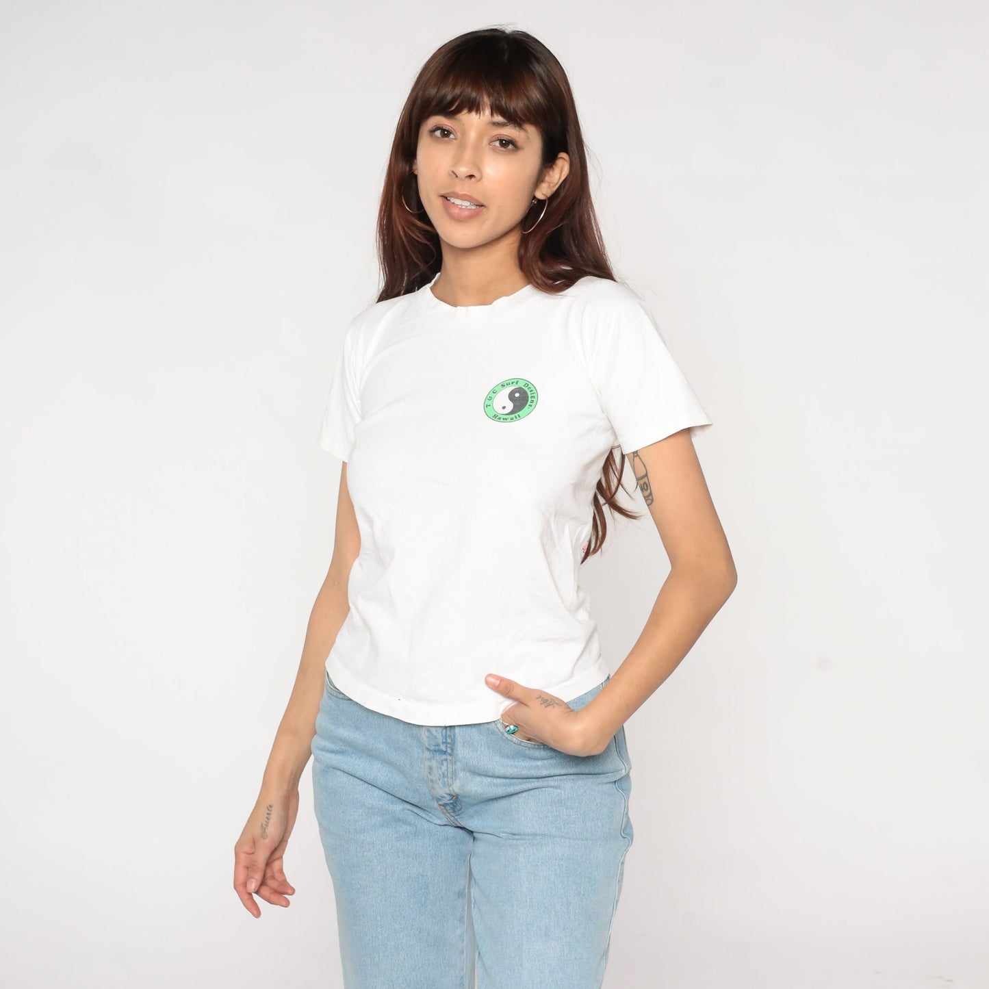 90s T&C Surf Designs Hawaiian Surf Gods Yin Yang Graphic Tee White Single Stitch XS