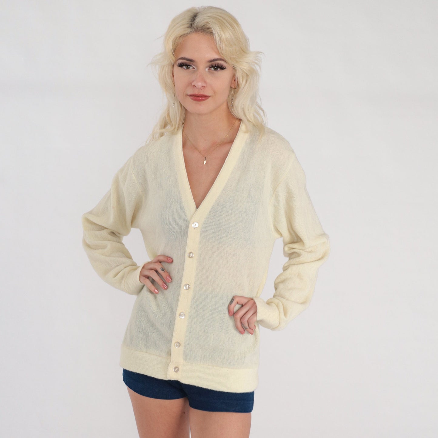 80s Cream Cardigan Semi Sheer Button Up Knit Sweater Medium