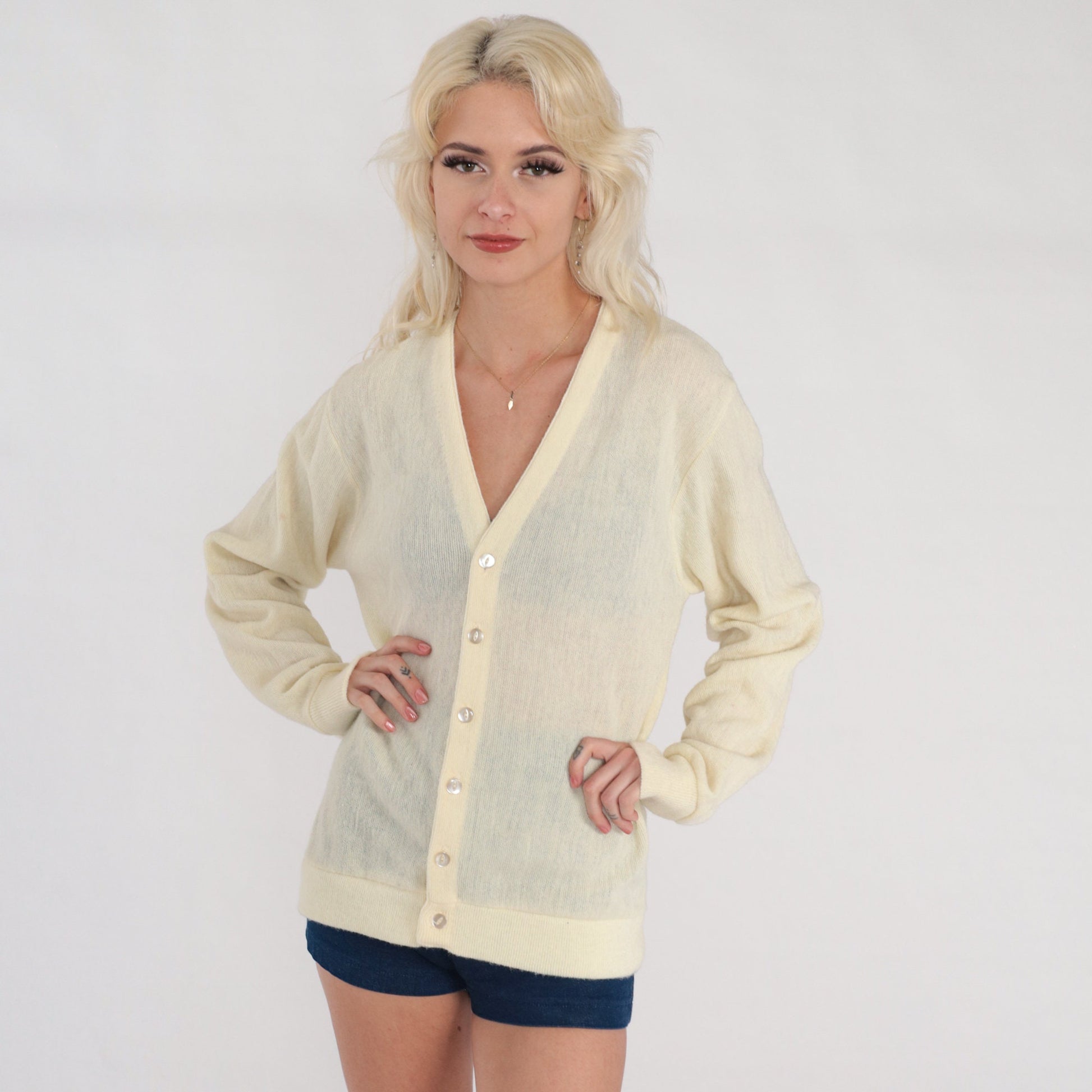 80s Cream Cardigan Semi Sheer Button Up Knit Sweater Medium