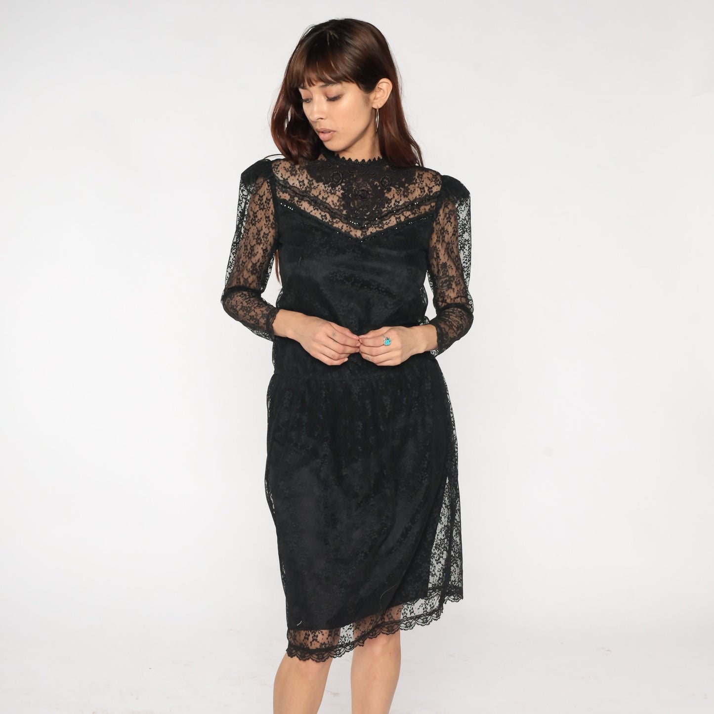 80s Scott McClintock Black Lace Midi Dress Beaded Illusion Neckline Small