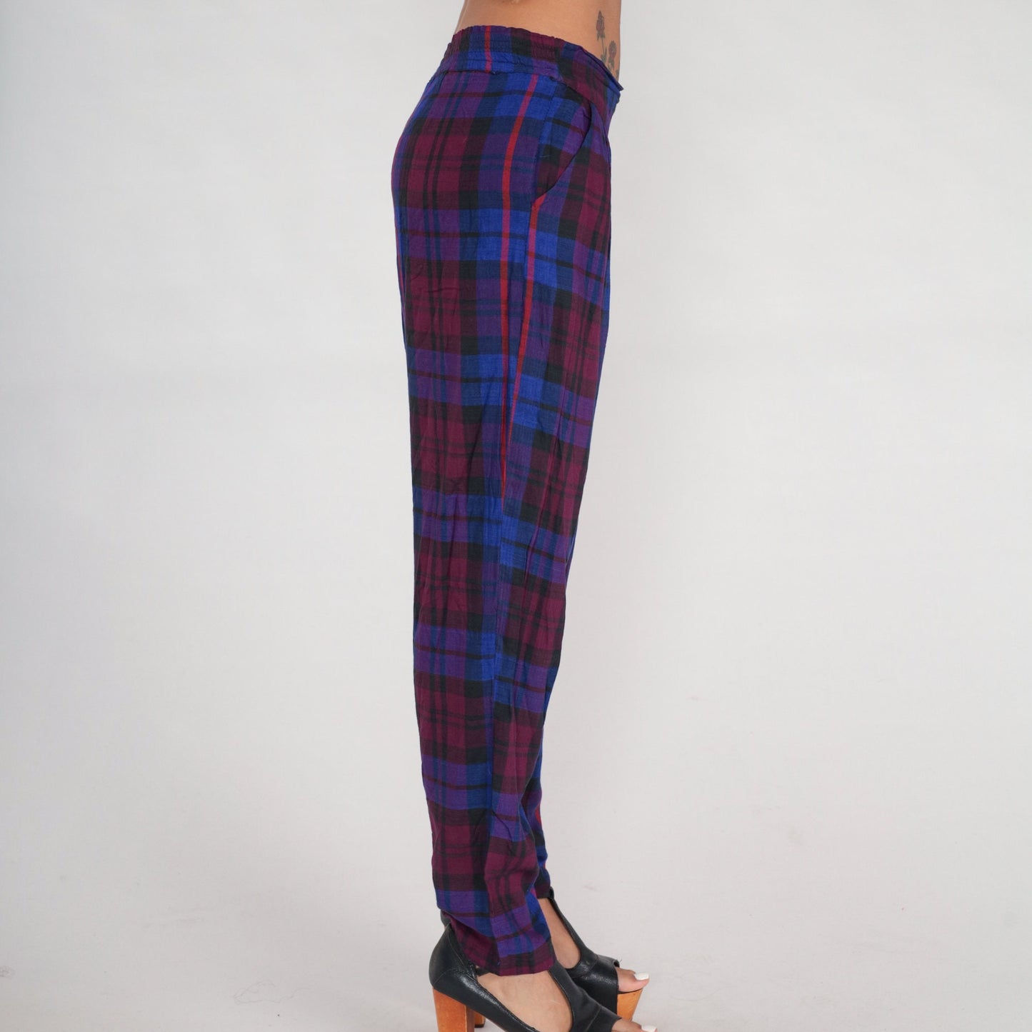 90s Plaid Tapered Trousers Purple Blue High Waisted Pleated Rayon Large